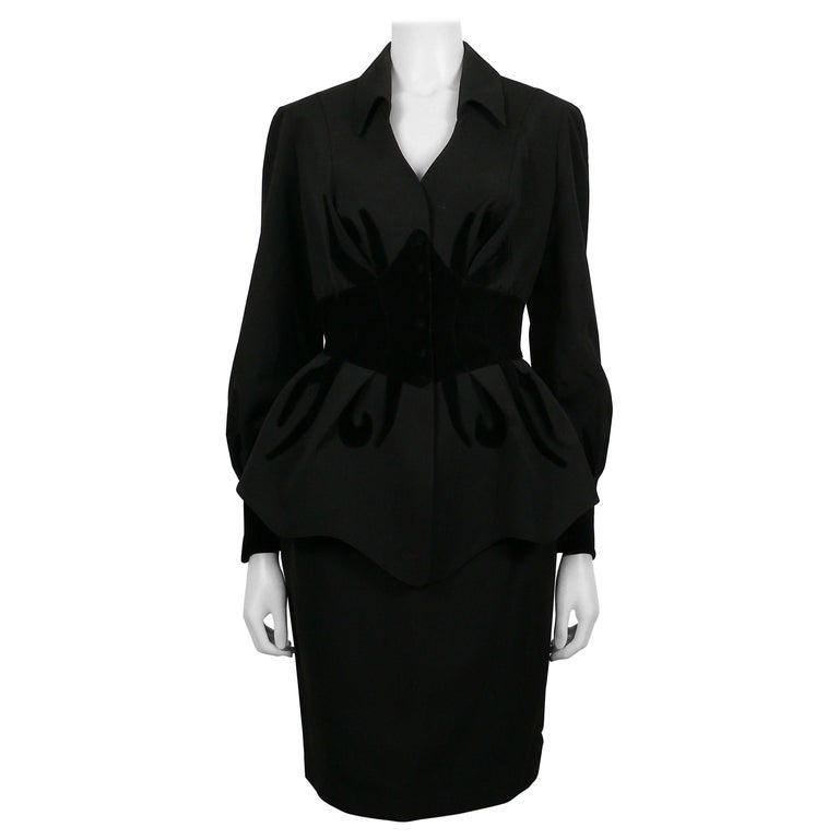 Thierry Mugler Vintage Black Worsted Wool Velvet Appliques Skirt Suit ...