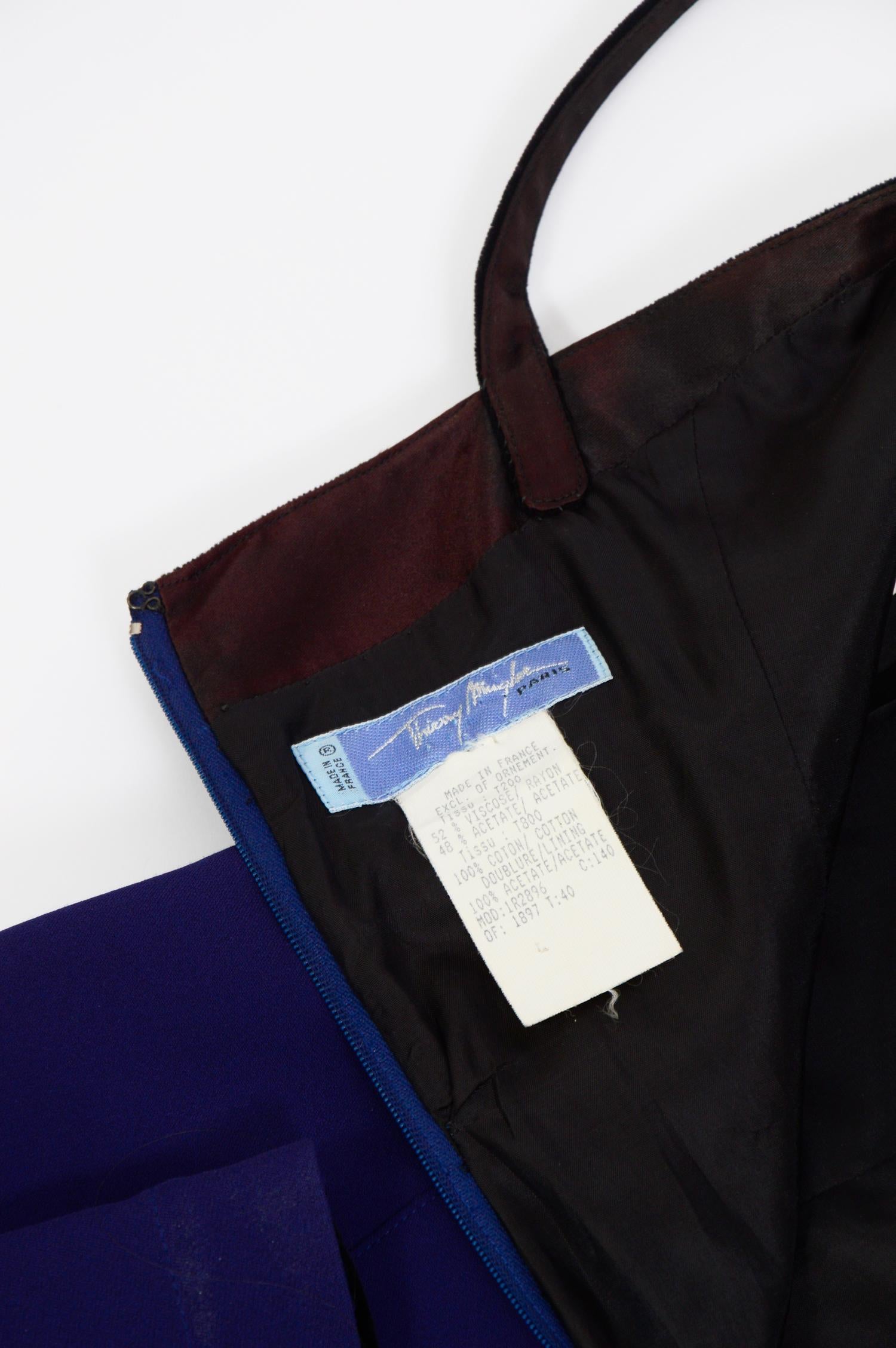 Thierry Mugler vintage blue or deep purple with black velvet detail dress   In Excellent Condition In Antwerp, BE