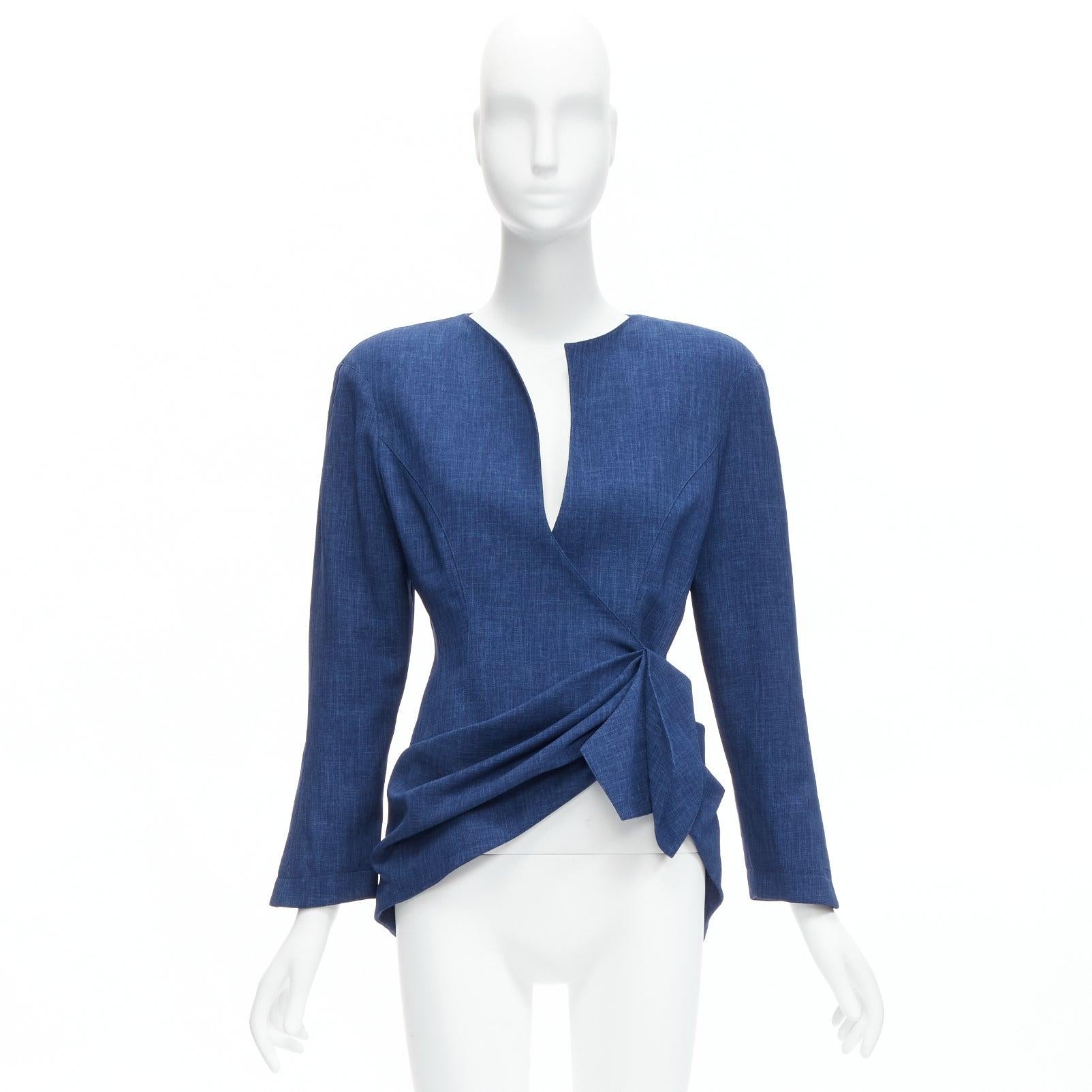 THIERRY MUGLER Vintage Blauer drapierter Blazer mit geschwungenem Kragen und Kraft 9AR S im Angebot 6