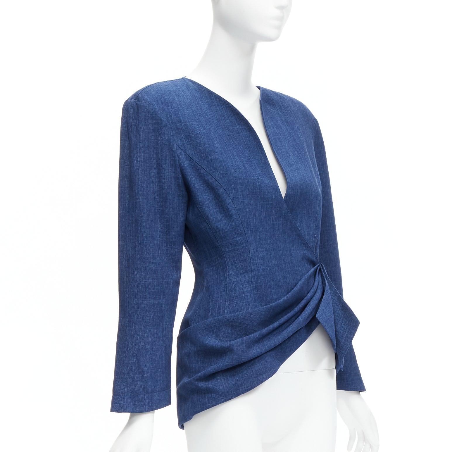THIERRY MUGLER Vintage Blauer drapierter Blazer mit geschwungenem Kragen und Kraft 9AR S im Zustand „Hervorragend“ im Angebot in Hong Kong, NT