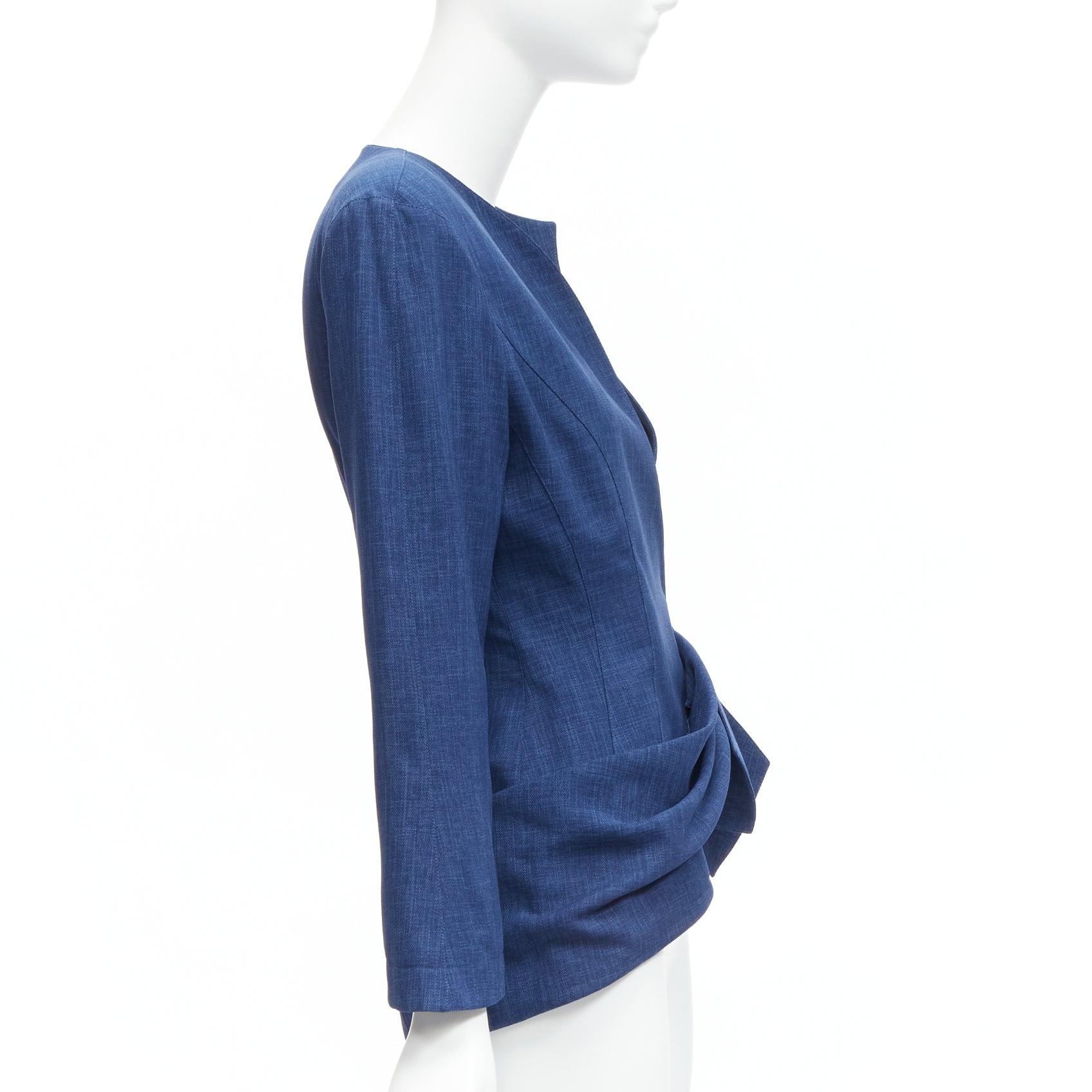 THIERRY MUGLER Vintage Blauer drapierter Blazer mit geschwungenem Kragen und Kraft 9AR S Damen im Angebot