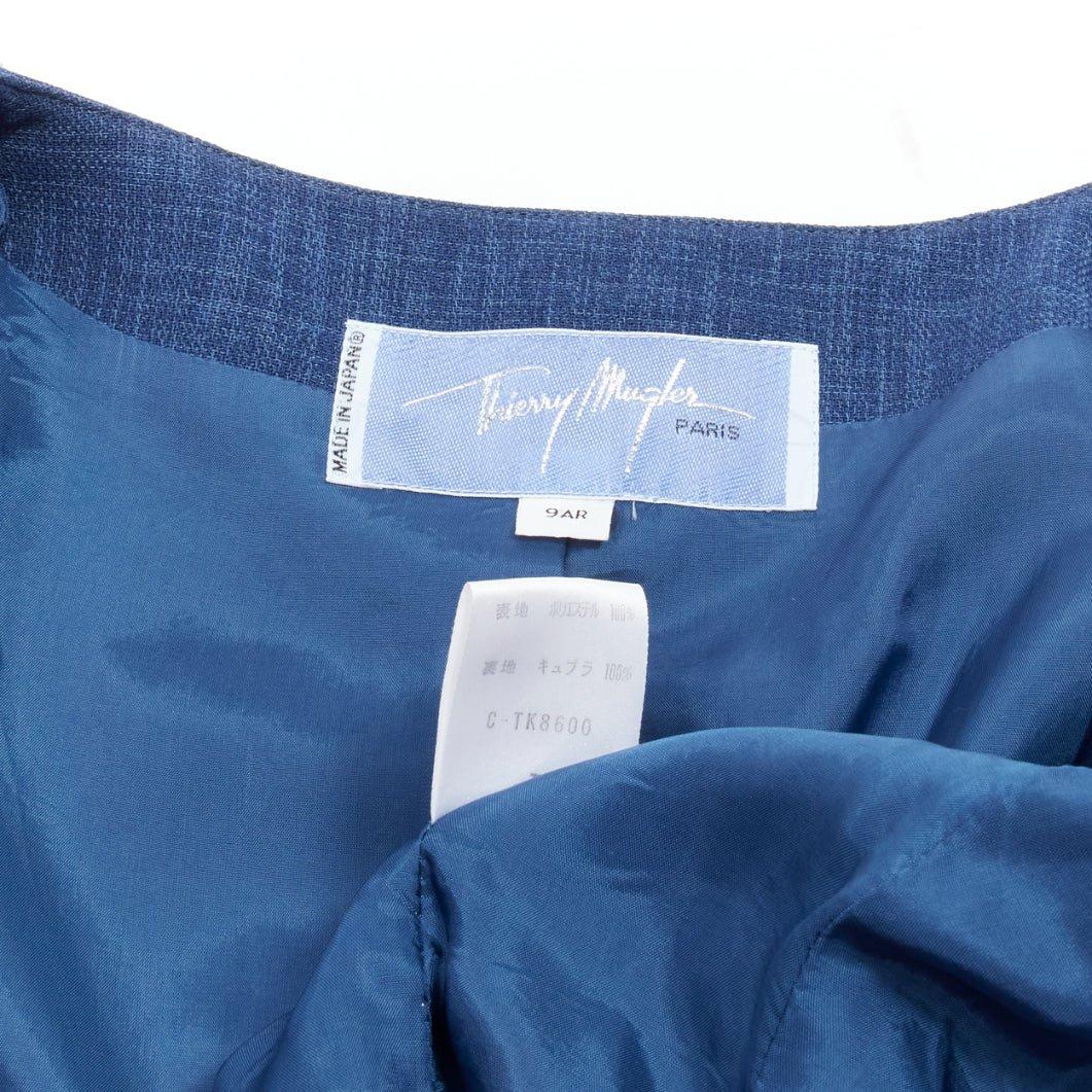 THIERRY MUGLER Vintage Blauer drapierter Blazer mit geschwungenem Kragen und Kraft 9AR S im Angebot 5