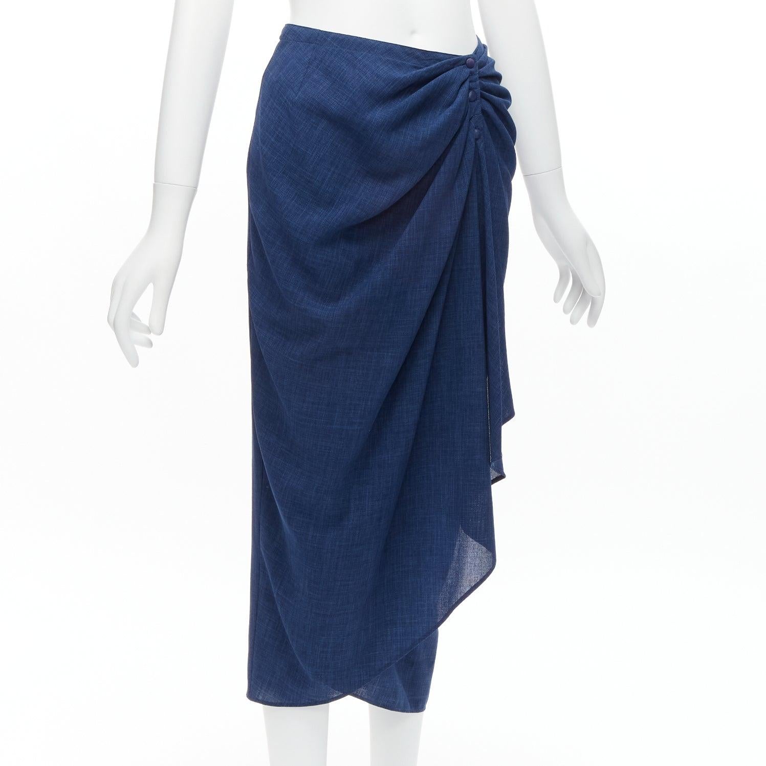THIERRY MUGLER Vintage blue lightweight drape wrap waist button skirt IT63-90 S In Excellent Condition For Sale In Hong Kong, NT