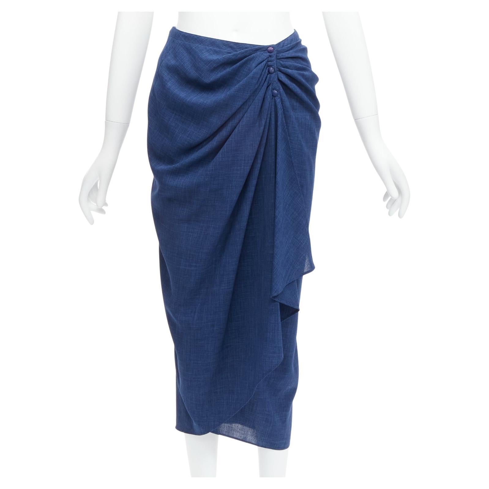 THIERRY MUGLER Vintage blue lightweight drape wrap waist button skirt IT63-90 S For Sale