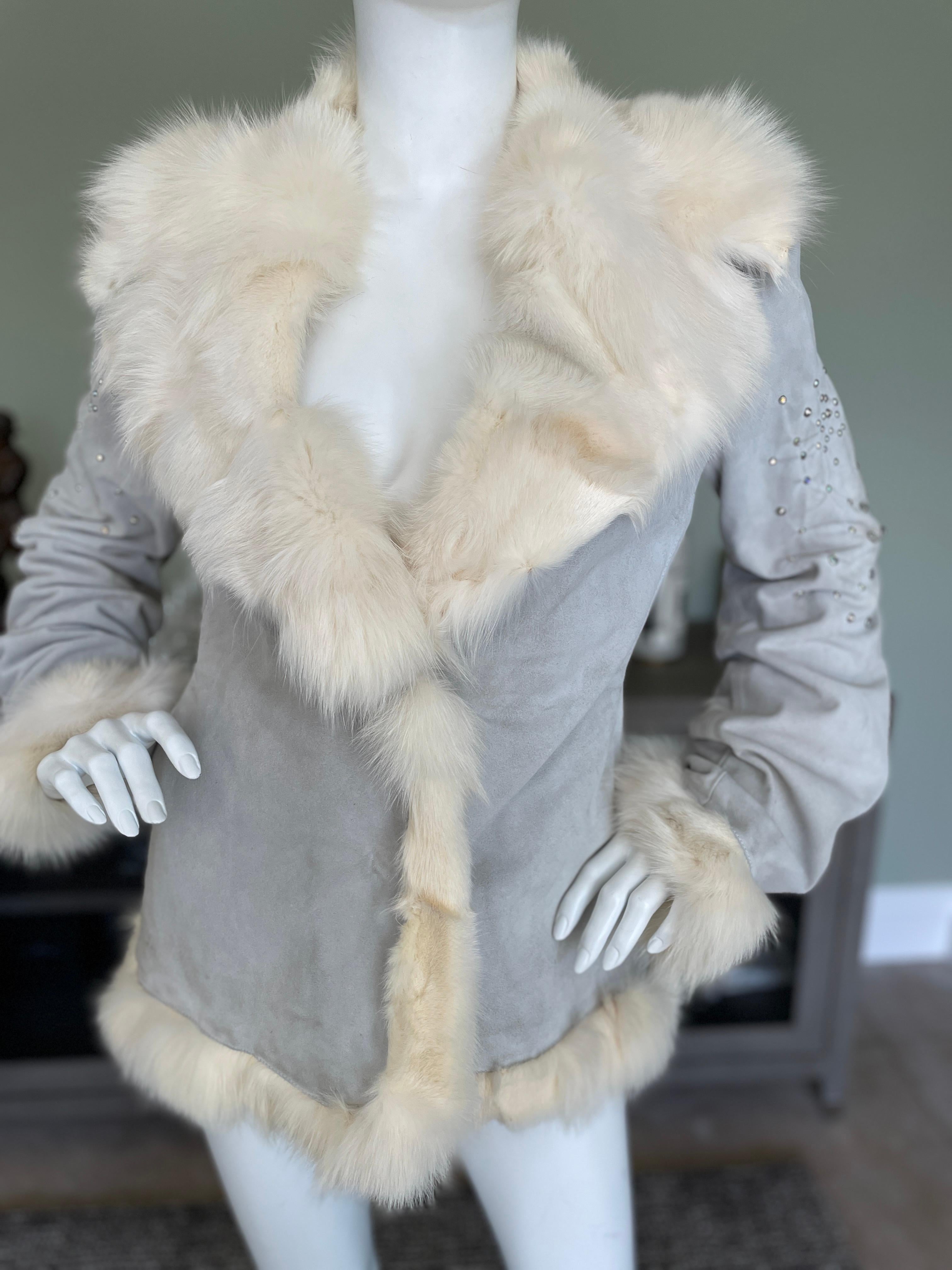 Gray Thierry Mugler Vintage Blue Suede Jacket with Fox Fur And Crystal Trim