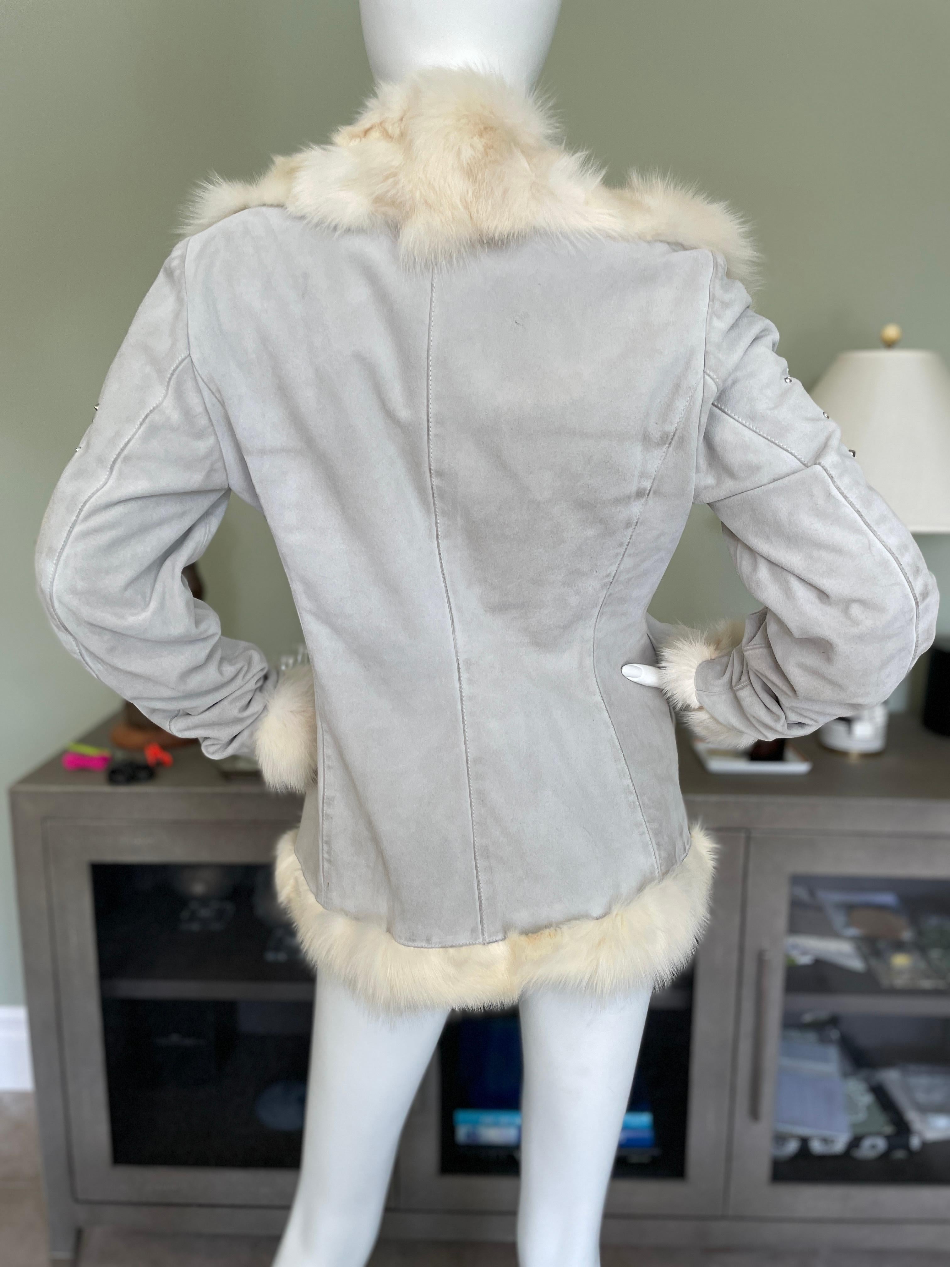 Thierry Mugler Vintage Blue Suede Jacket with Fox Fur And Crystal Trim 1