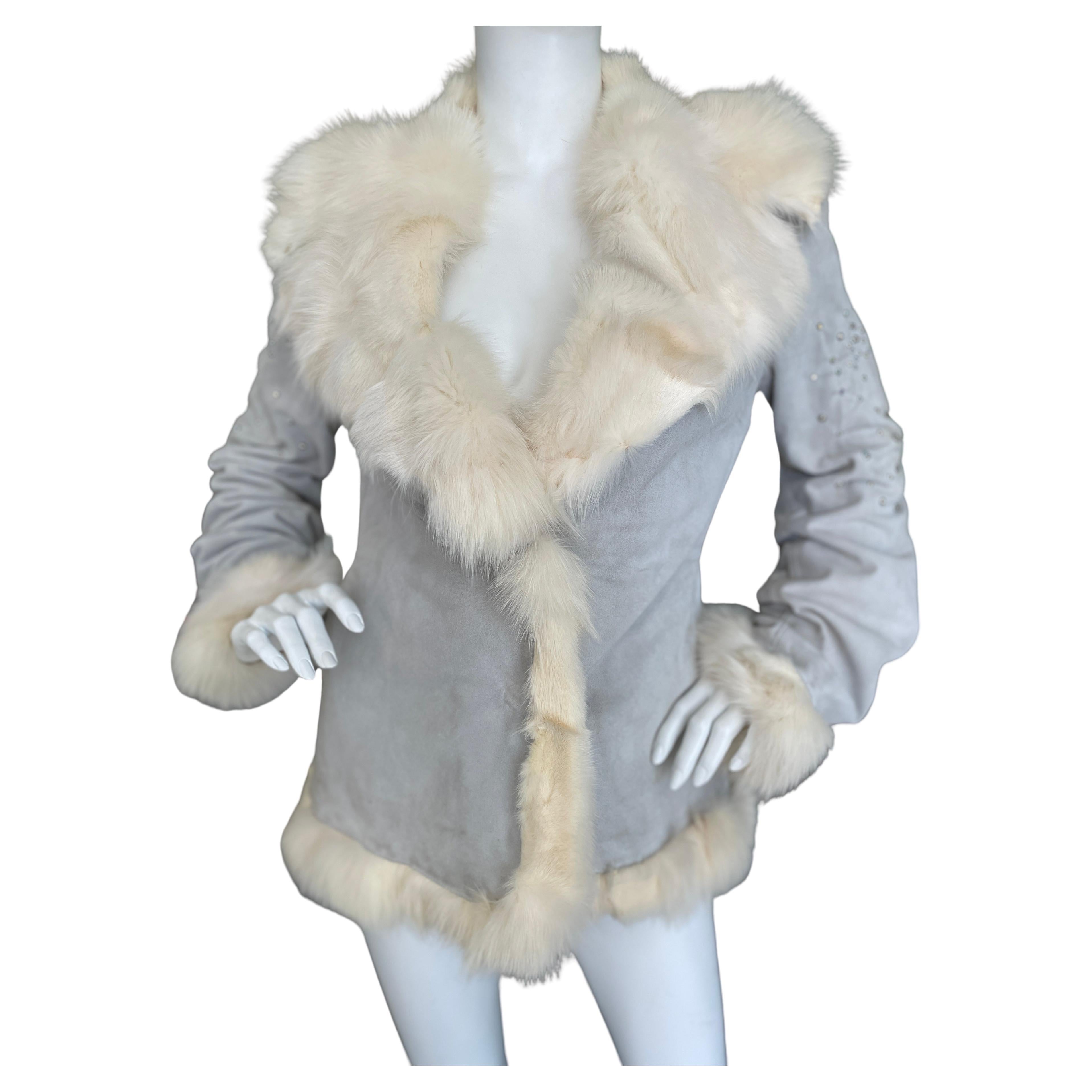 Thierry Mugler Vintage Blue Suede Jacket with Fox Fur And Crystal Trim