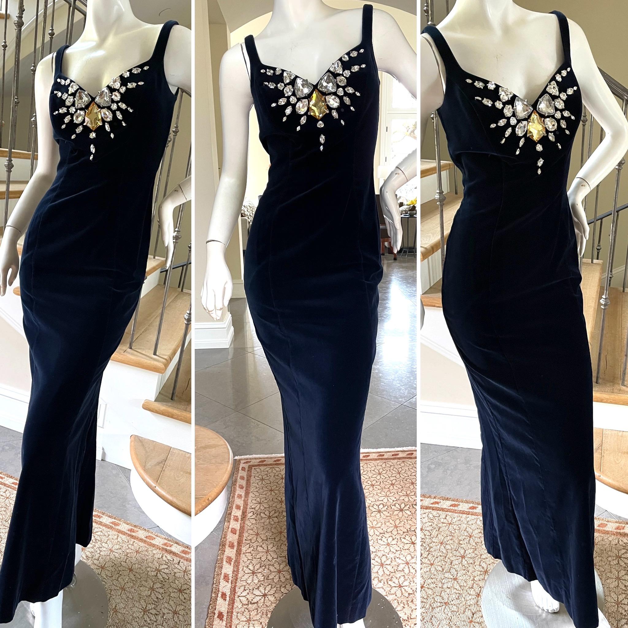 Thierry Mugler Rare Vintage Blue Velvet Evening Dress with Huge Jewel Accents
So beautiful, please use the zoom feature to see the details. 
 Size 38
 Bust 34