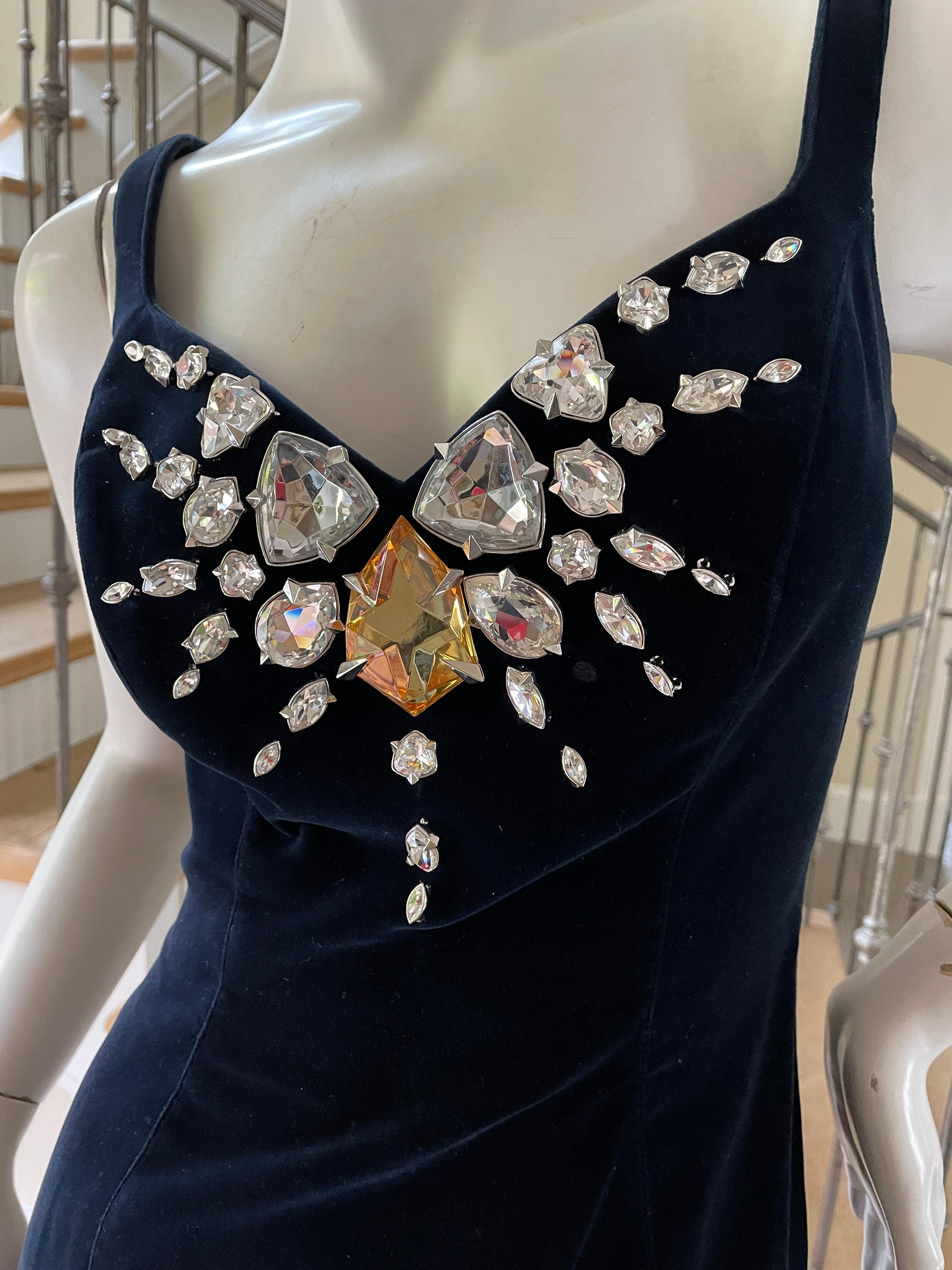 Thierry Mugler Vintage Blue Velvet Evening Dress with Gobsmacking Jewel Details In Good Condition For Sale In Cloverdale, CA