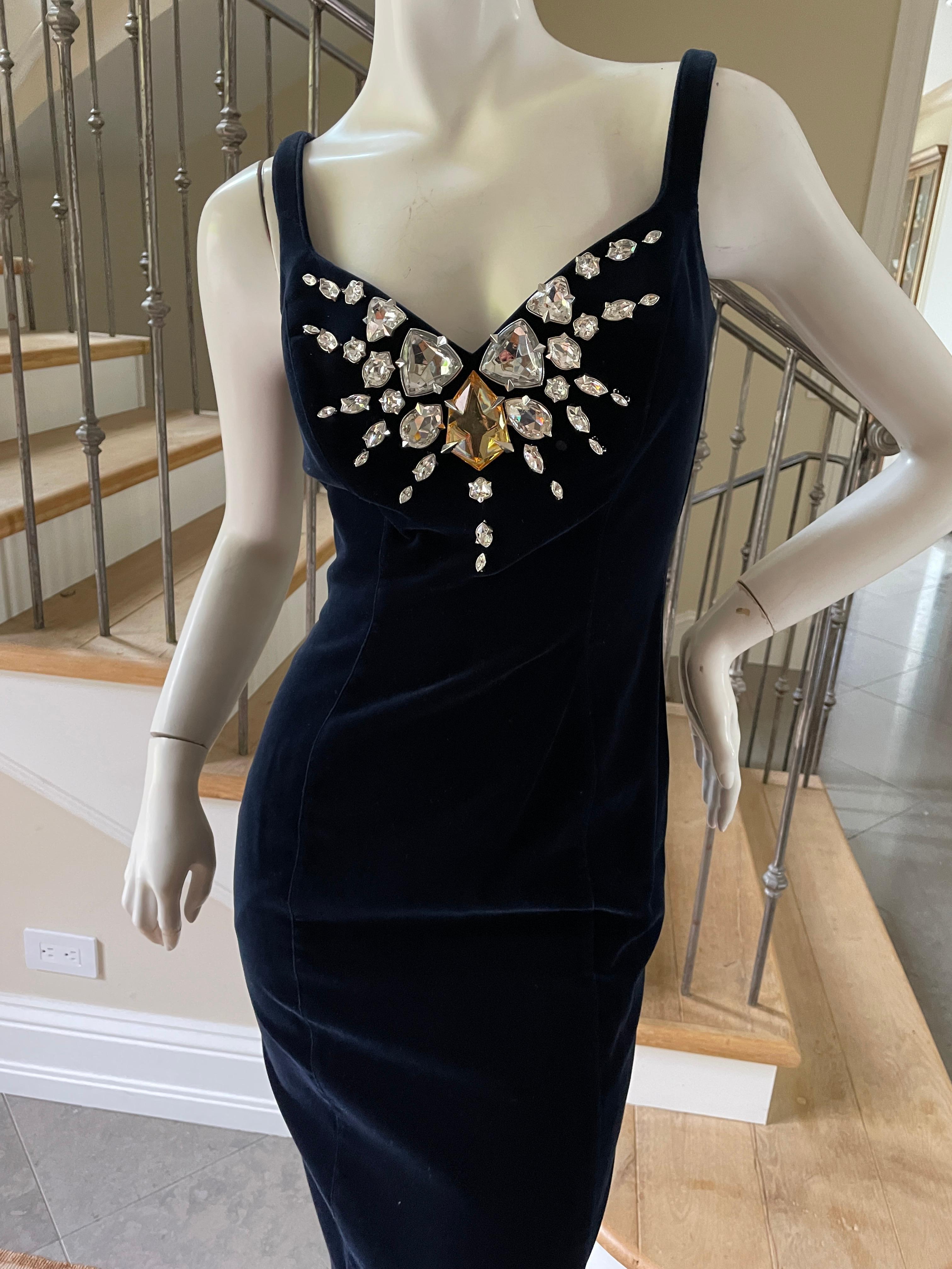 Women's Thierry Mugler Vintage Blue Velvet Evening Dress with Gobsmacking Jewel Details For Sale