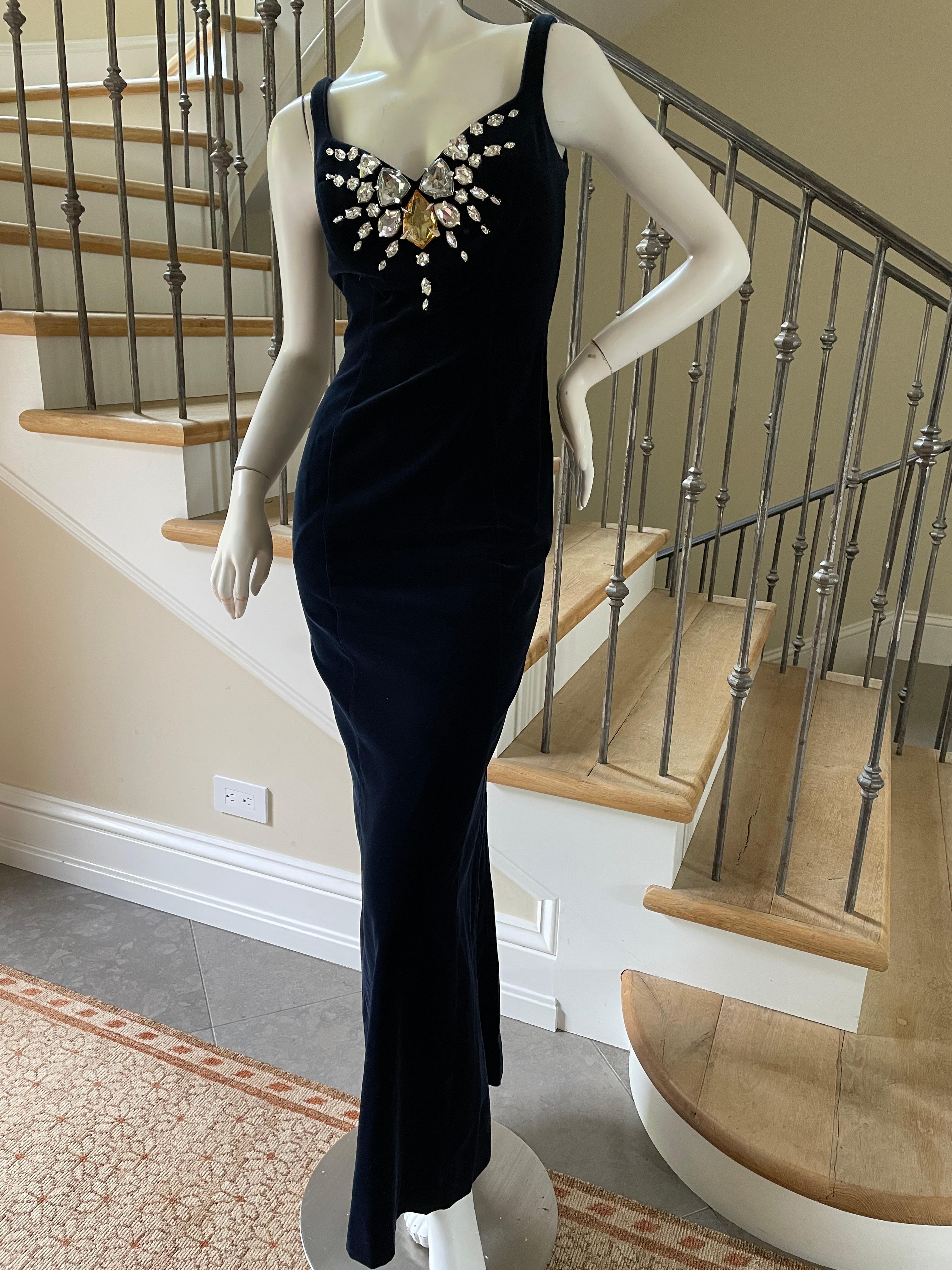 Thierry Mugler Vintage Blue Velvet Evening Dress with Gobsmacking Jewel Details For Sale 3