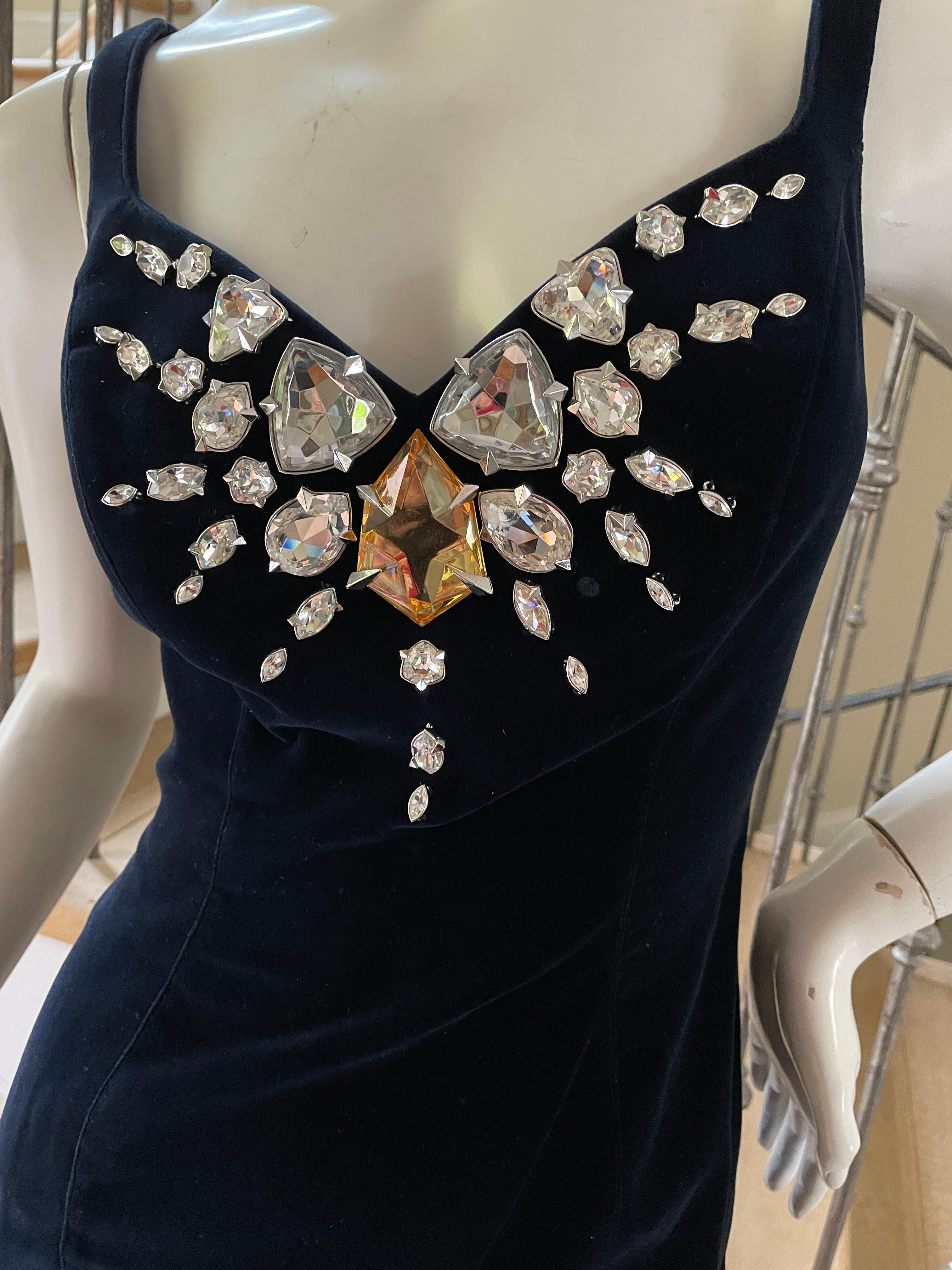 Thierry Mugler Vintage Blue Velvet Evening Dress with Gobsmacking Jewel Details For Sale 4