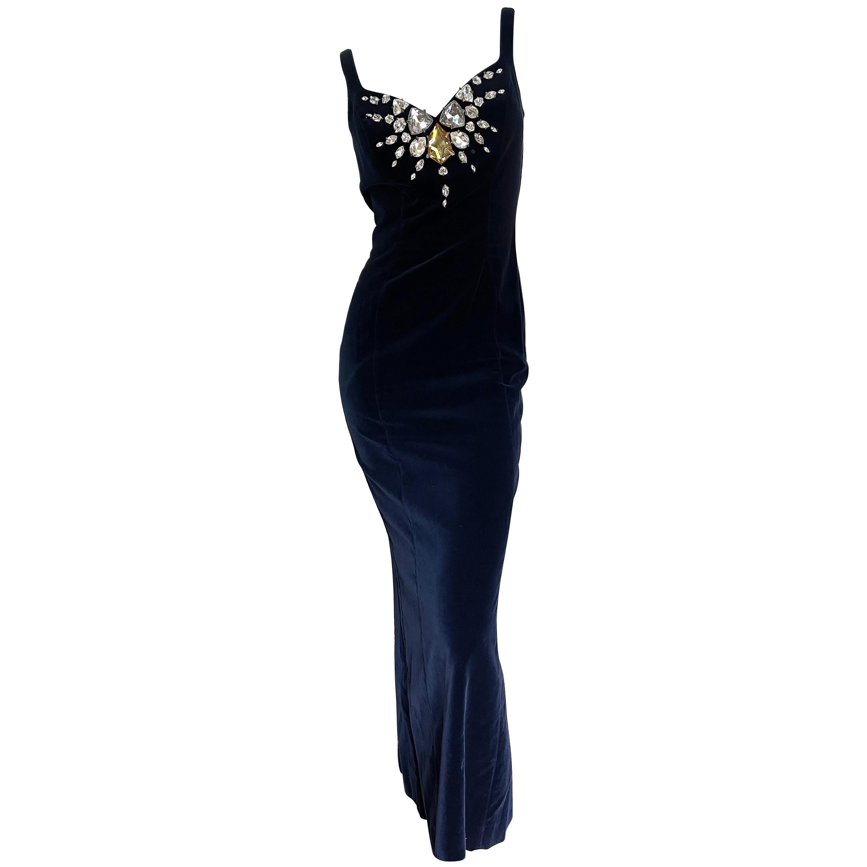 Thierry Mugler Vintage Blue Velvet Evening Dress with Gobsmacking Jewel Details For Sale