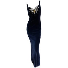 Thierry Mugler Vintage Blue Velvet Evening Dress with Gobsmacking Jewel Details