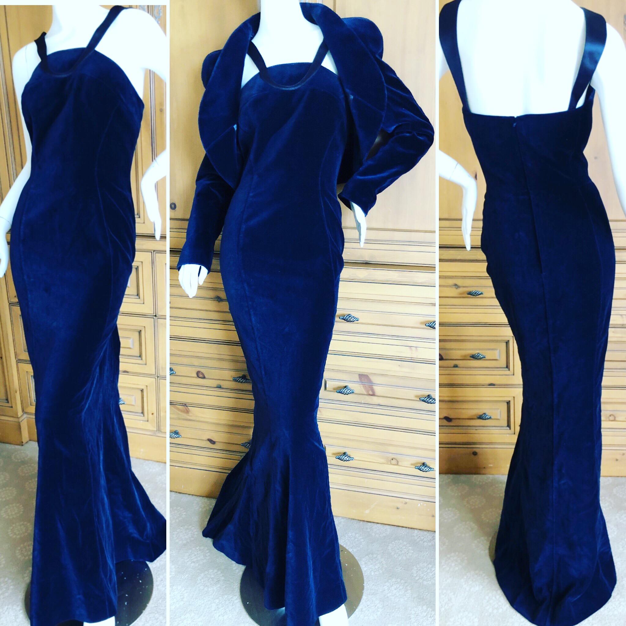 Thierry Mugler Vintage Blue Velvet Mermaid Evening Dress Matching Bolero Unworn w Tags 
Classic Mugler in a hard to find real size.
Size 44
Bust 38