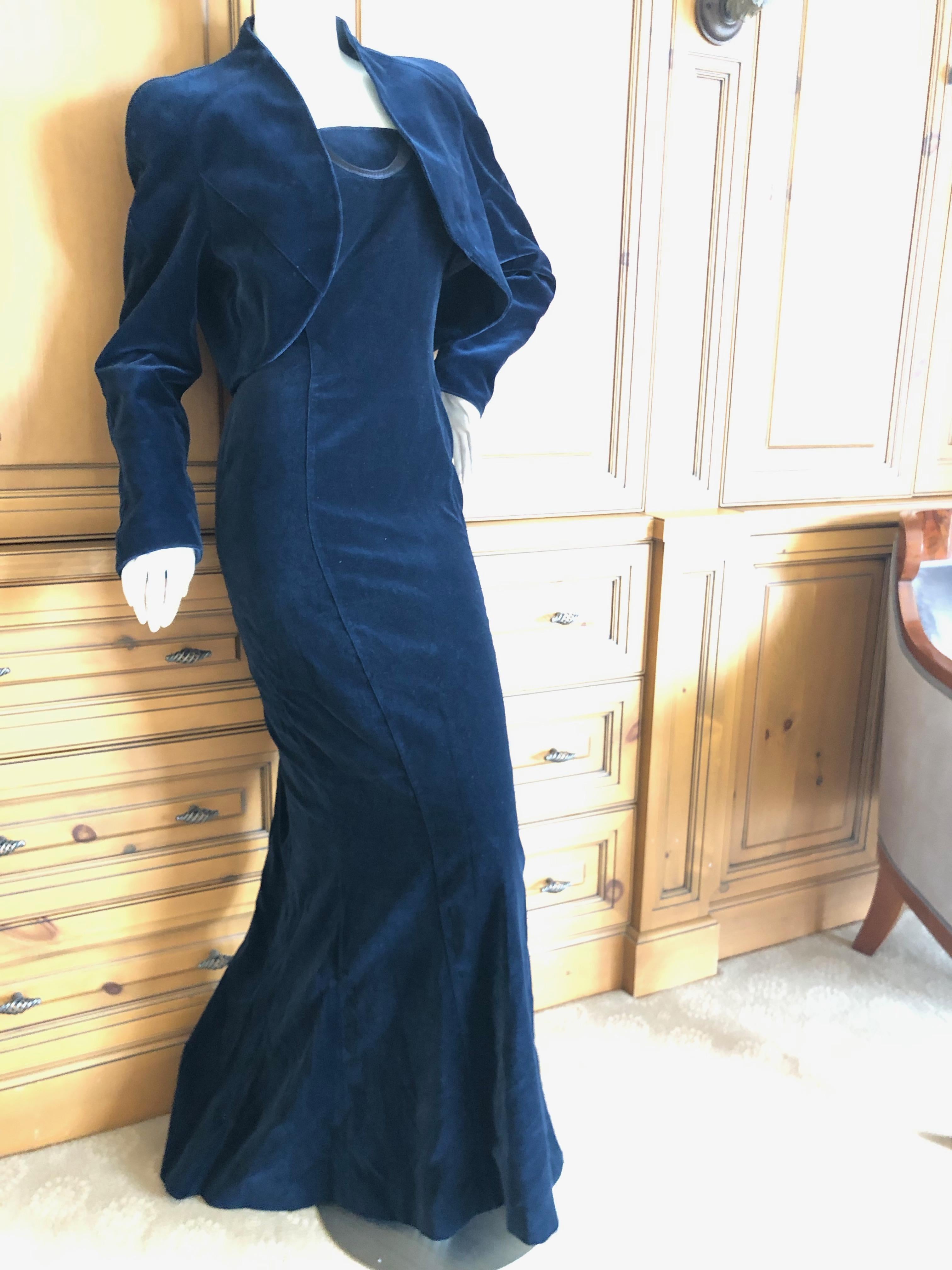 Thierry Mugler Vintage Blue Velvet Mermaid Dress Matching Bolero Unworn w Tags  1