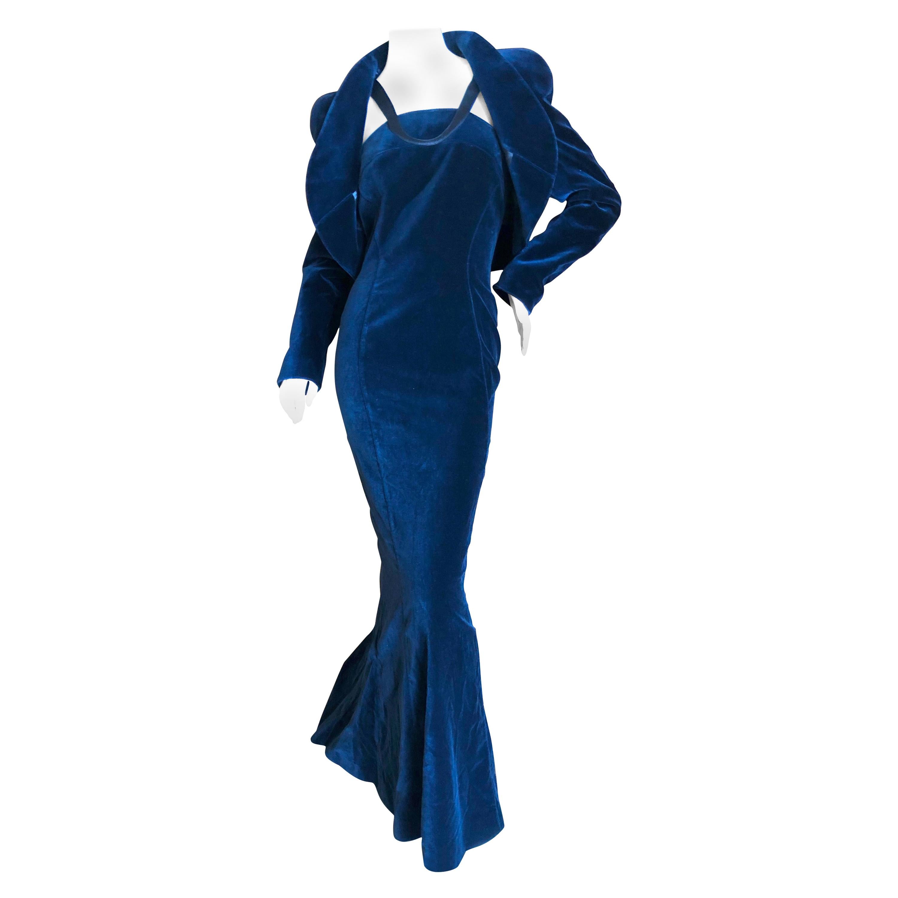 Thierry Mugler Vintage Blue Velvet Mermaid Dress Matching Bolero Unworn w Tags 