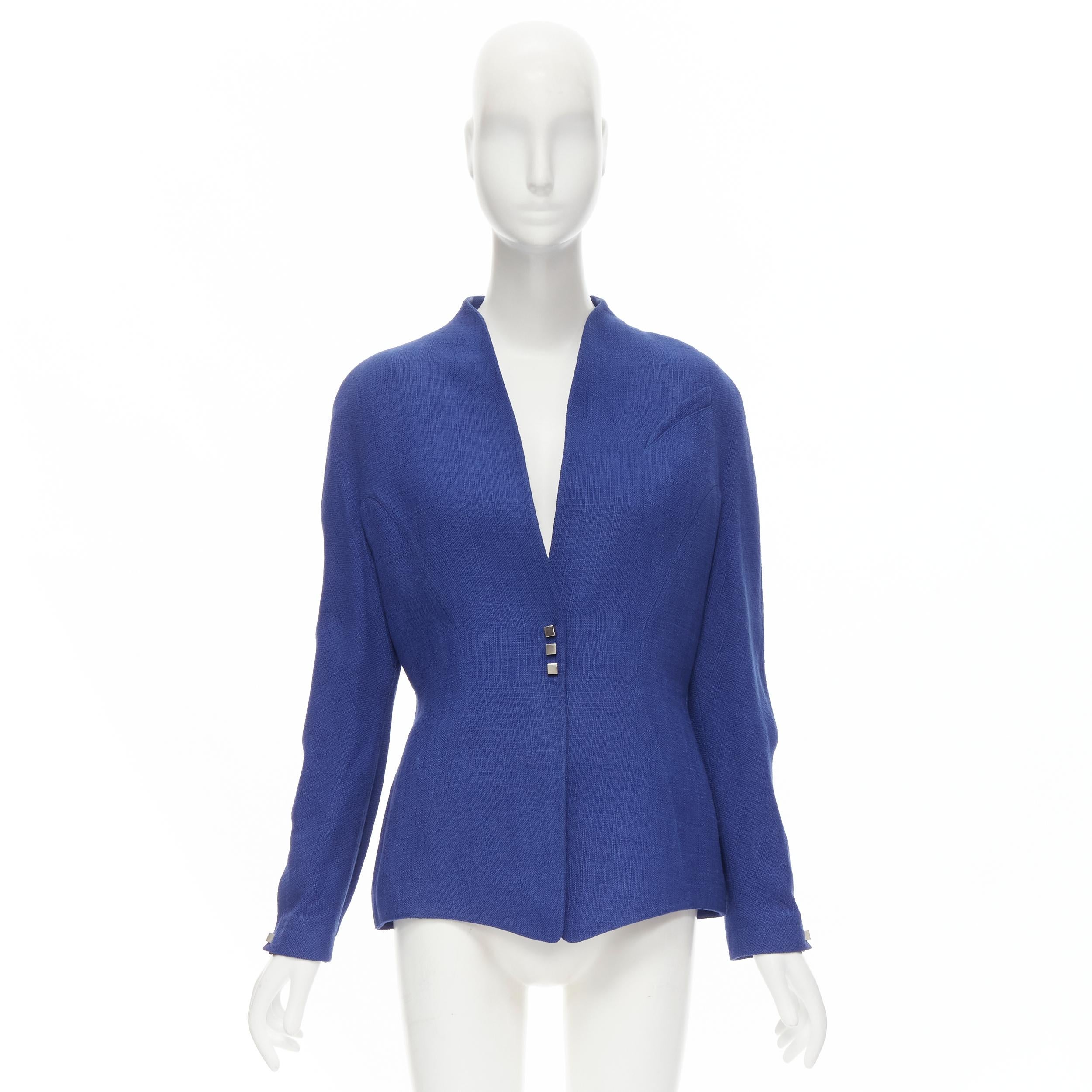 THIERRY MUGLER Vintage Blaue futuristische peplum-Jacke aus Viskose mit gebogenen Nähten FR42 L im Angebot 6