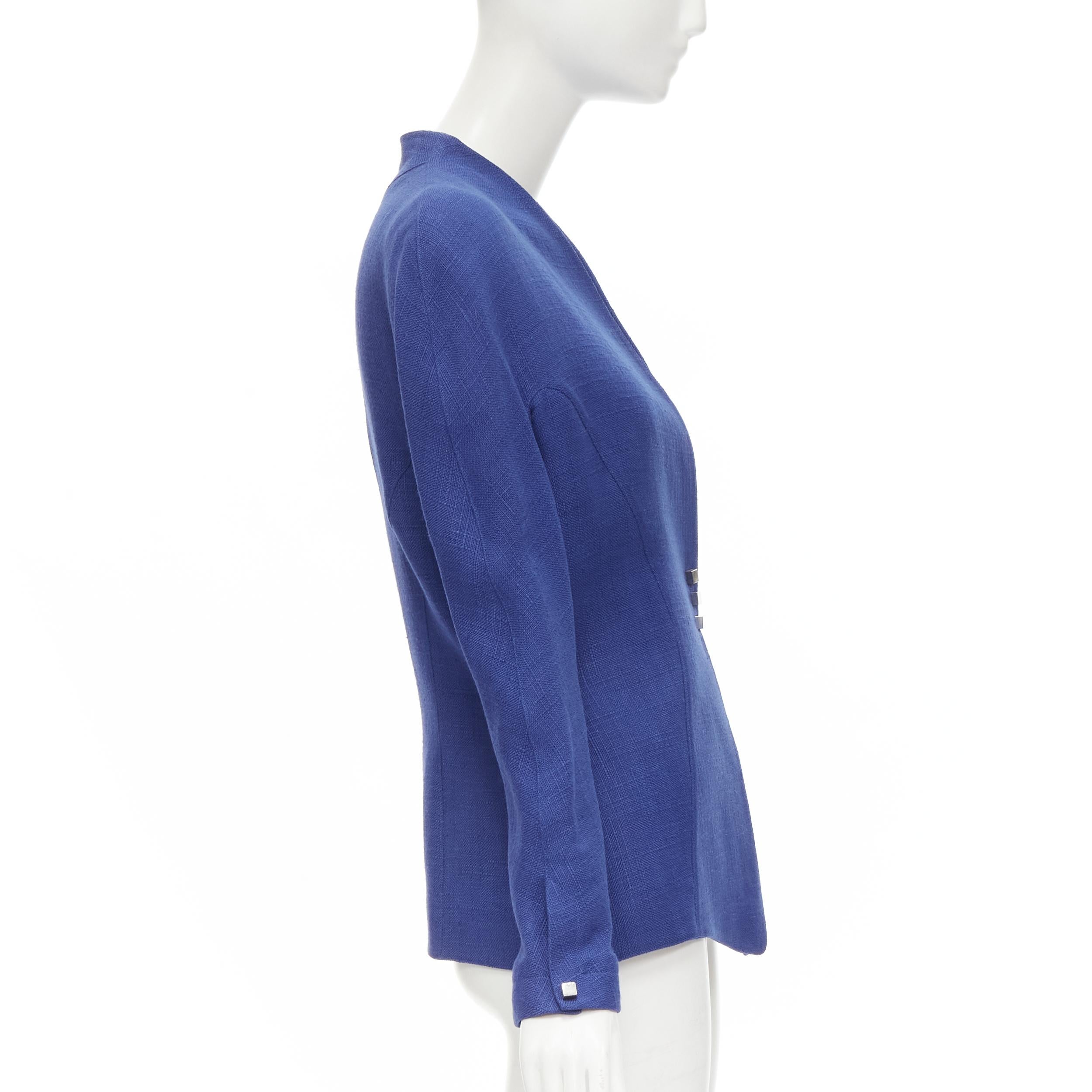 Blue THIERRY MUGLER Vintage blue viscose futuristic curved seams peplum jacket FR42 L For Sale