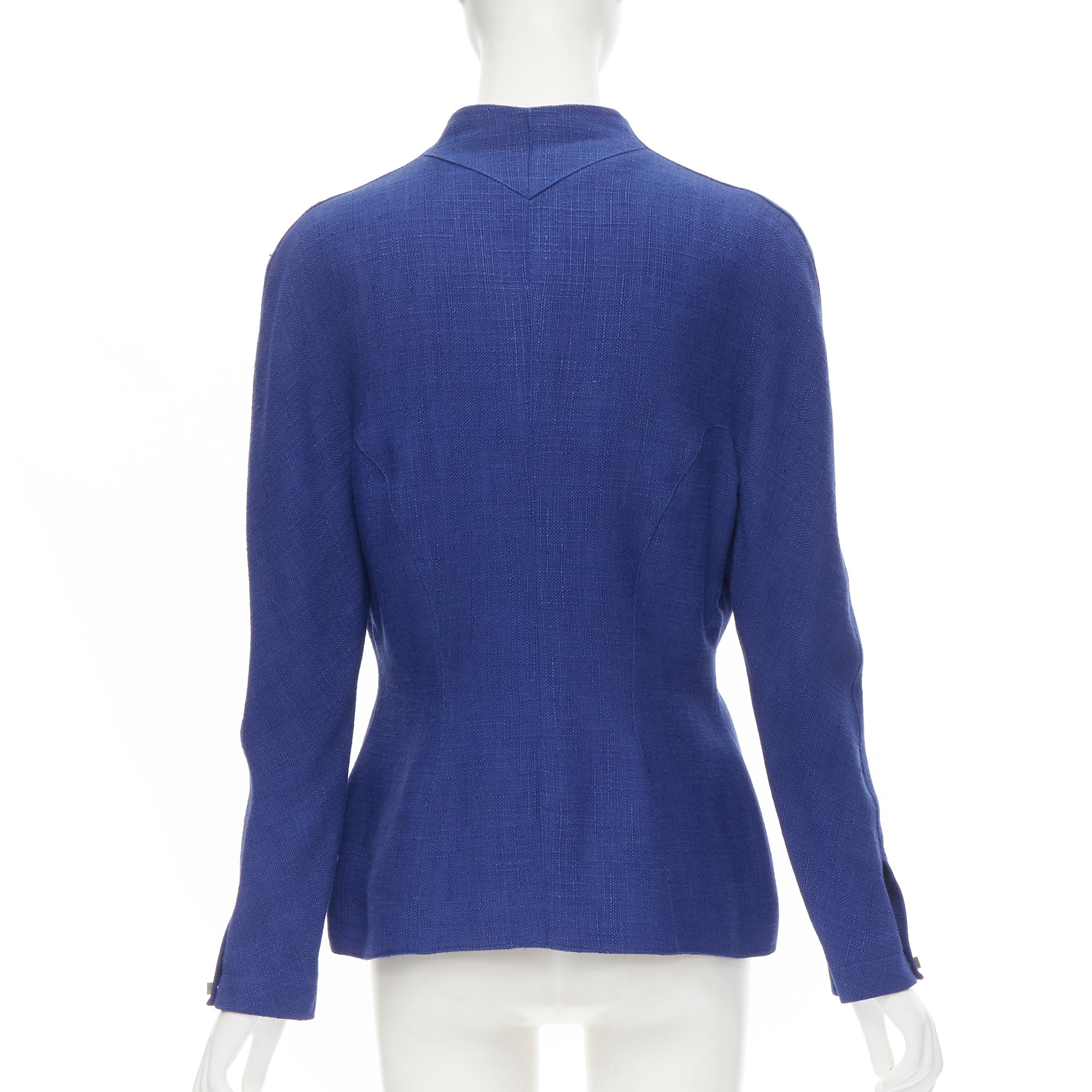 THIERRY MUGLER Vintage blue viscose futuristic curved seams peplum jacket FR42 L In Good Condition For Sale In Hong Kong, NT