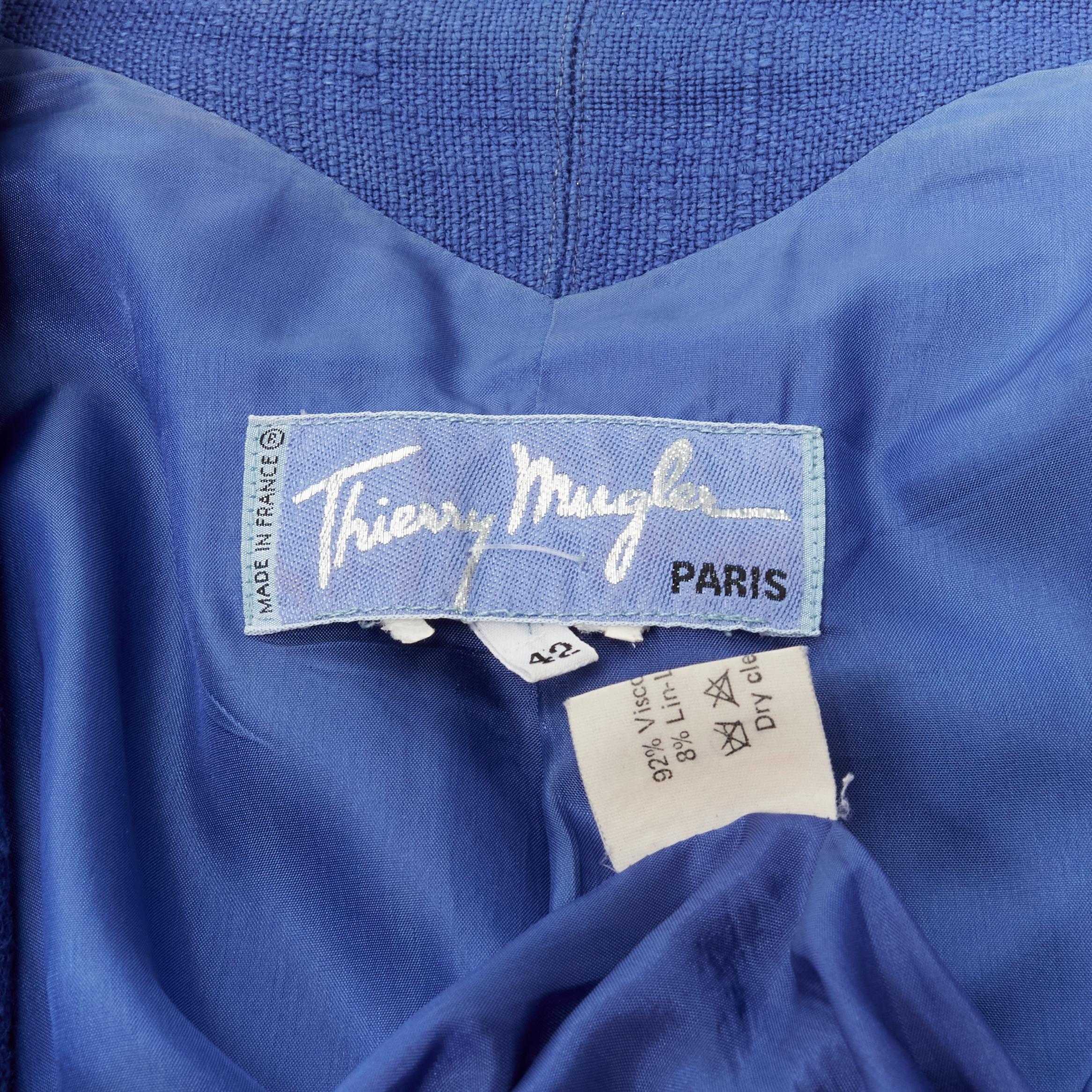 THIERRY MUGLER Vintage Blaue futuristische peplum-Jacke aus Viskose mit gebogenen Nähten FR42 L im Angebot 5