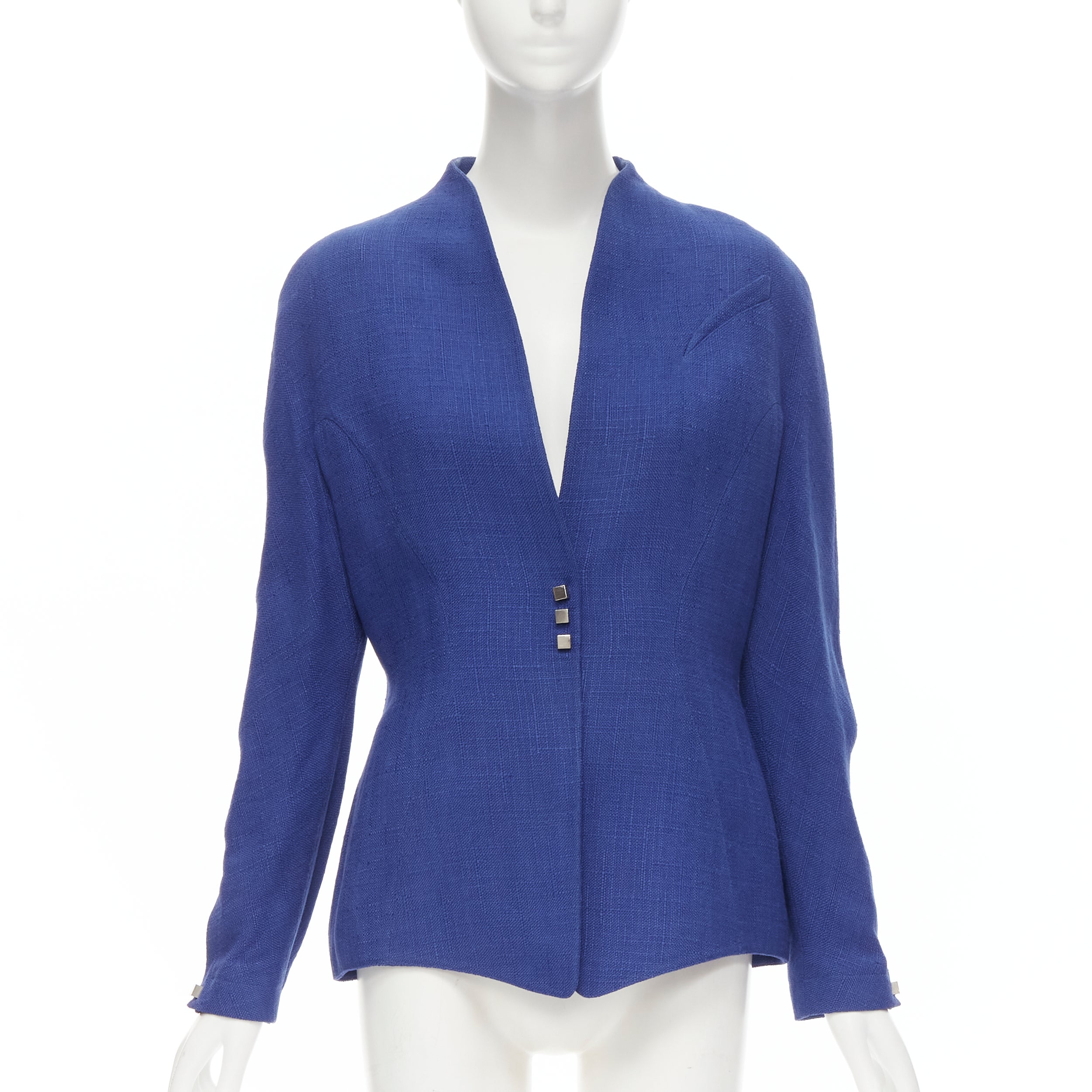 THIERRY MUGLER Vintage blue viscose futuristic curved seams peplum jacket FR42 L For Sale