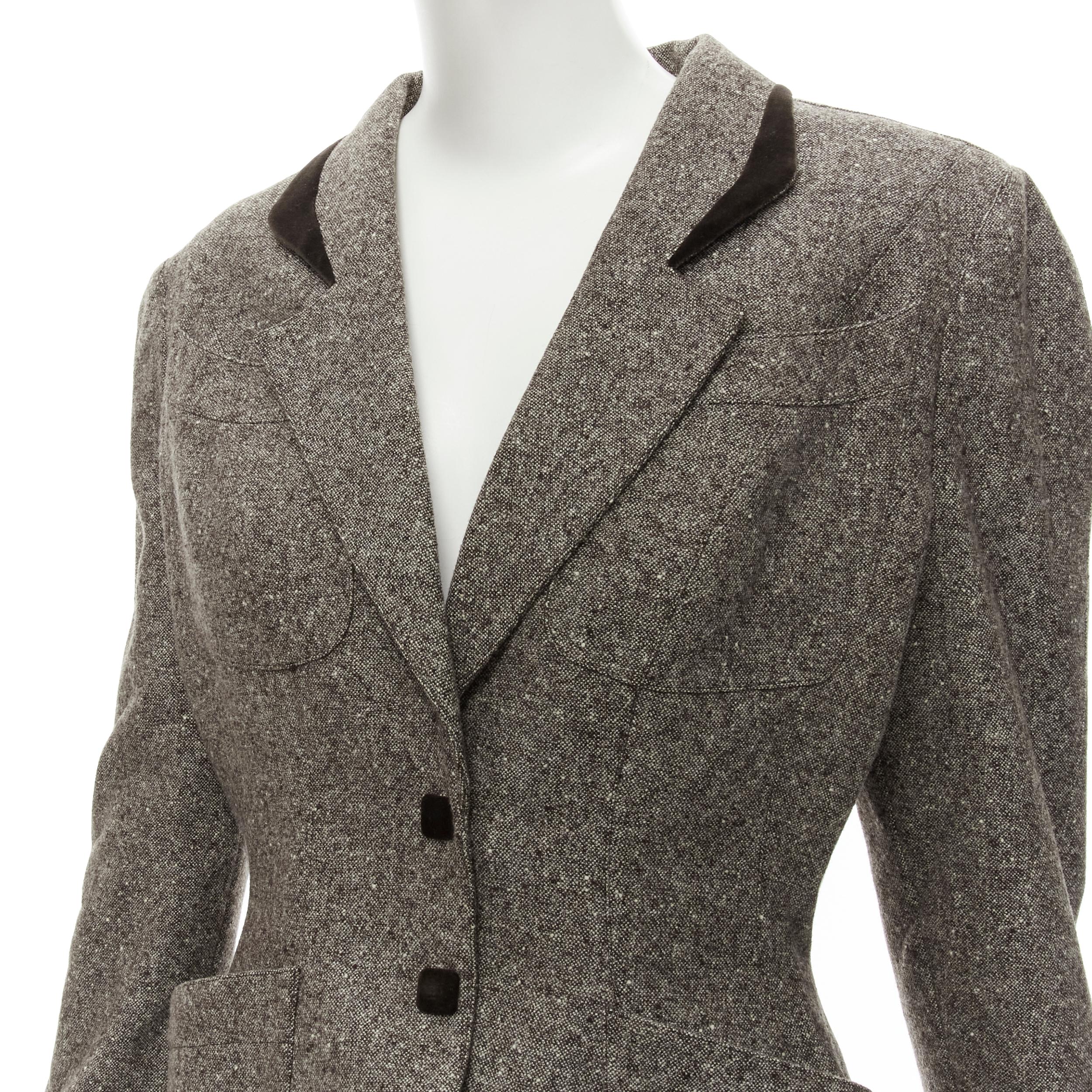 THIERRY MUGLER Vintage brown wool tweed contour peplum jacket pants set FR38 M 
Reference: AEMA/A00061 
Brand: Thierry Mugler 
Collection: Fall 1993 Runway 
Material: Wool 
Color: Brown 
Pattern: Solid 
Closure: Button 
Extra Detail: Velvet trim at