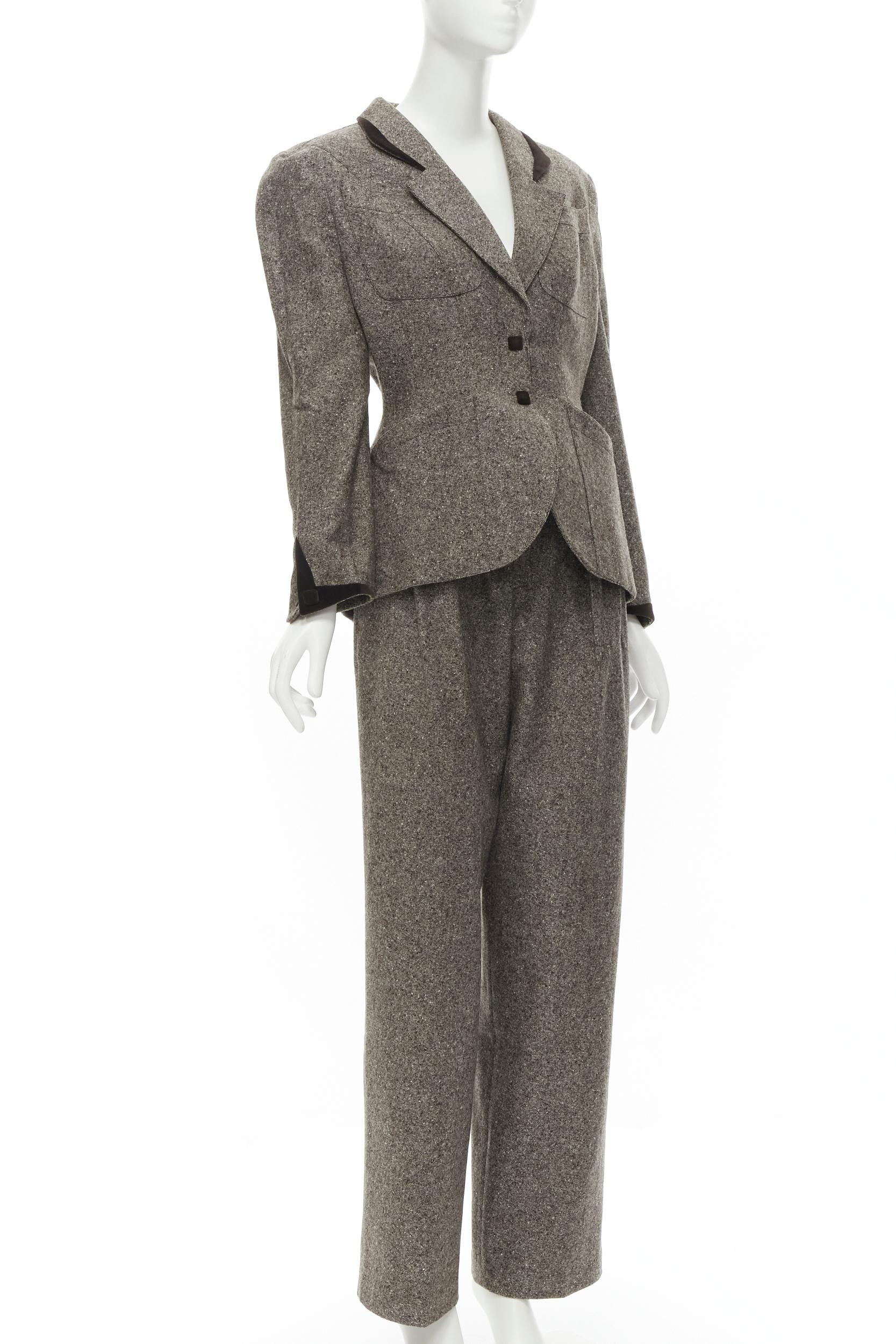 Gray THIERRY MUGLER Vintage brown wool tweed contour peplum jacket pants set FR38 M