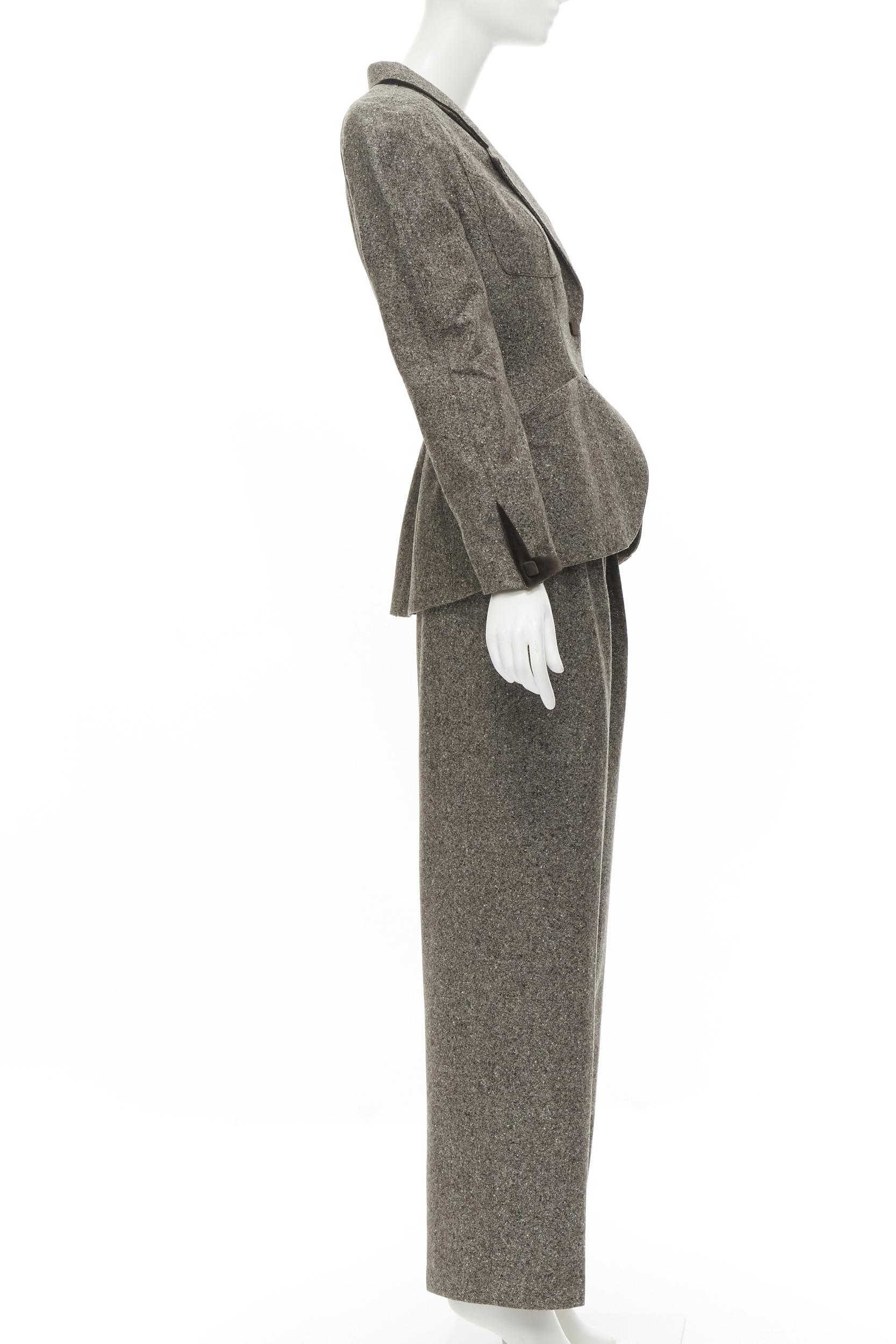 THIERRY MUGLER Vintage brown wool tweed contour peplum jacket pants set FR38 M In Excellent Condition In Hong Kong, NT