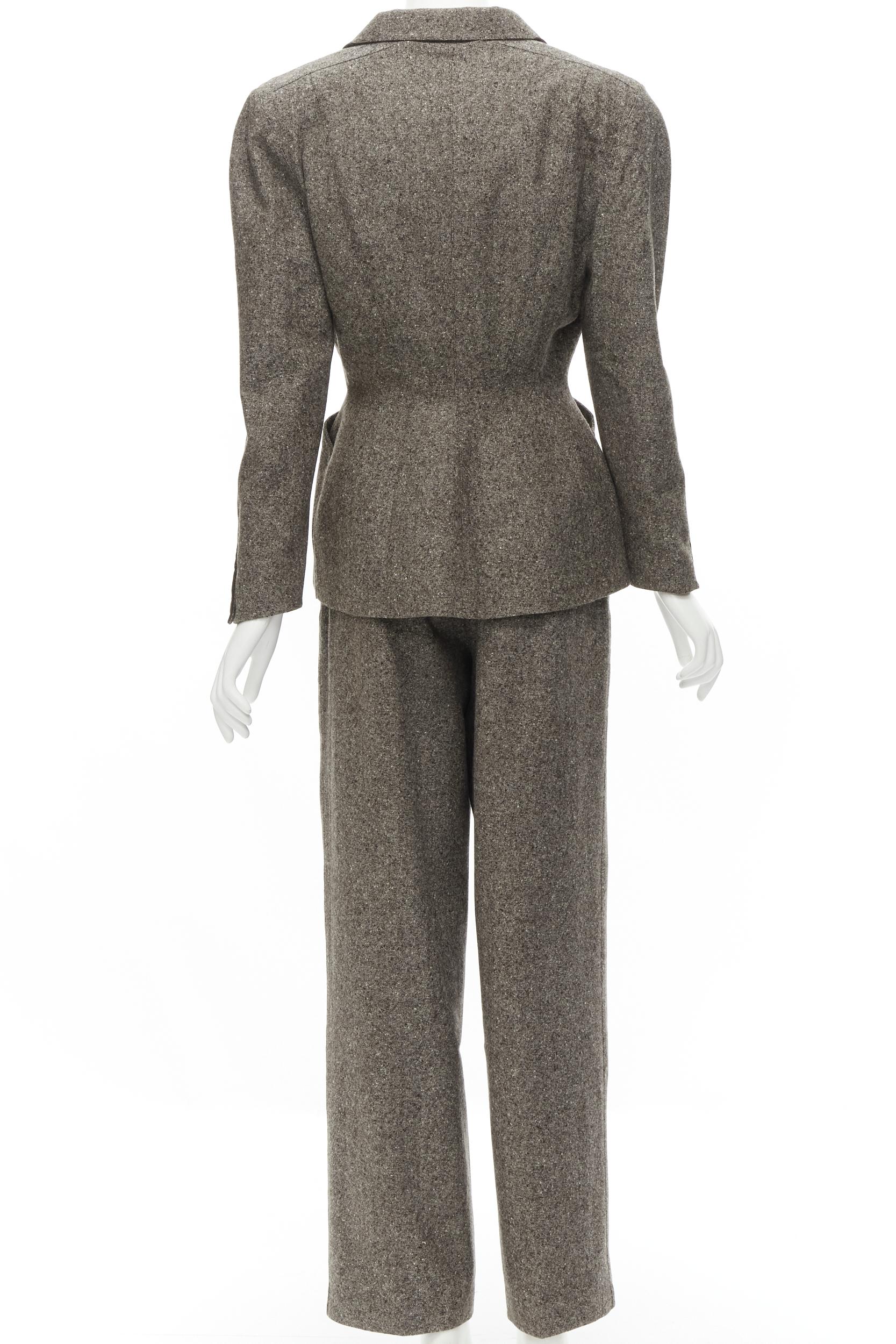 Women's THIERRY MUGLER Vintage brown wool tweed contour peplum jacket pants set FR38 M