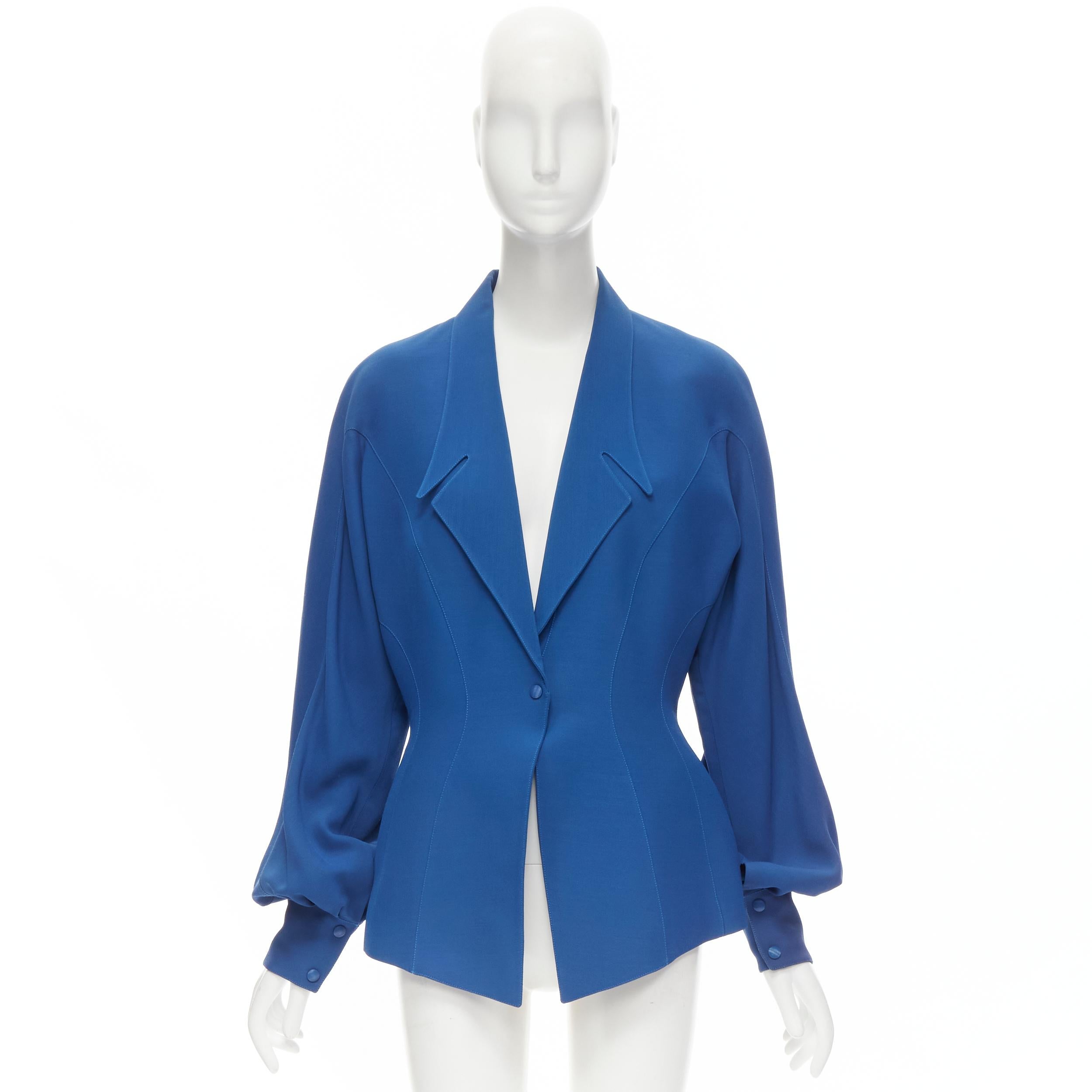 THIERRY MUGLER Vintage cobalt blue futuristic collar peplum jacket FR42 L For Sale 2