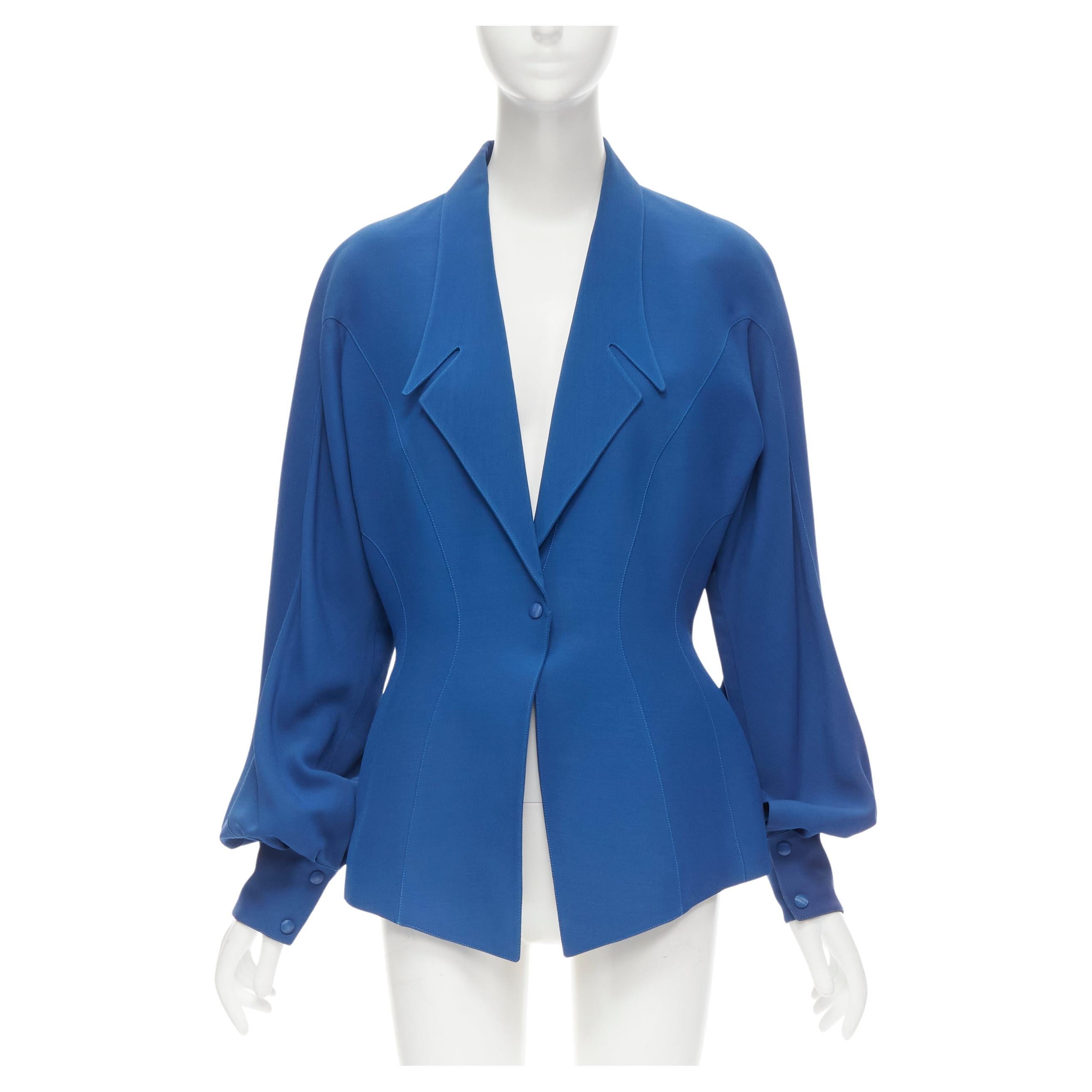 THIERRY MUGLER Vintage cobalt blue futuristic collar peplum jacket FR42 L For Sale