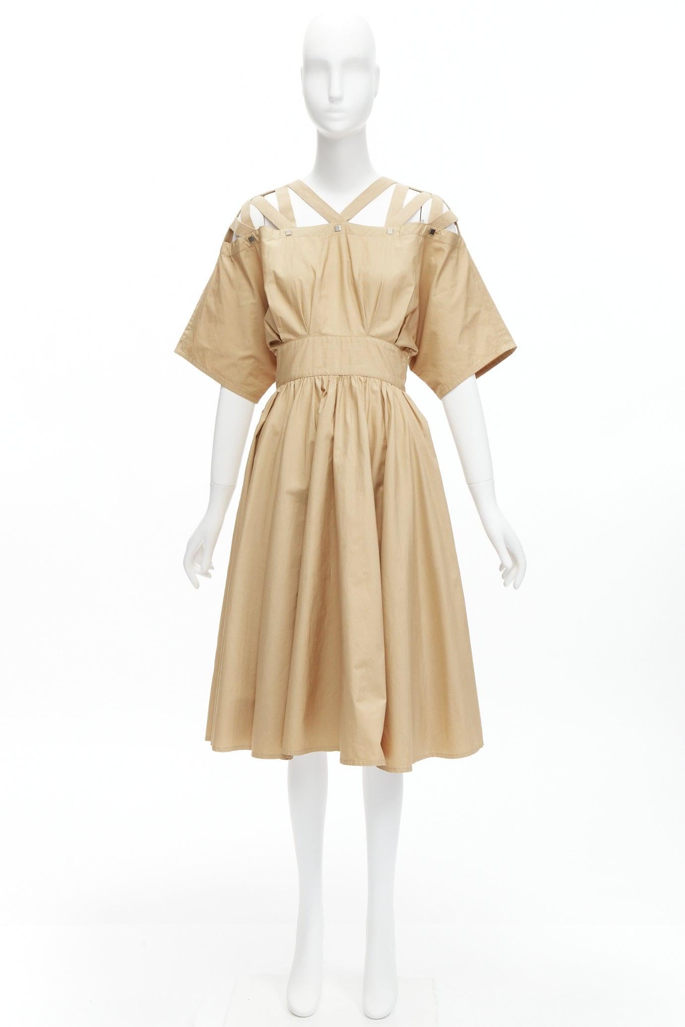 THIERRY MUGLER Vintage cotton strappy shoulder square studs A-line dress IT9A3 S For Sale 7