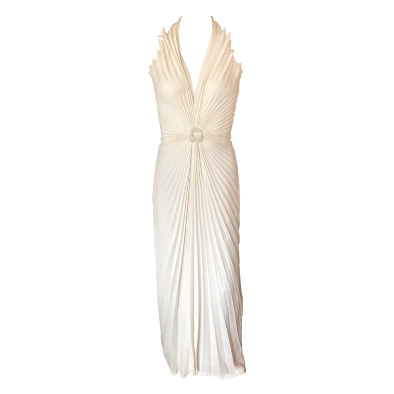 Thierry Mugler Vintage Embellished Halter Ivory Evening Dress Gown at ...