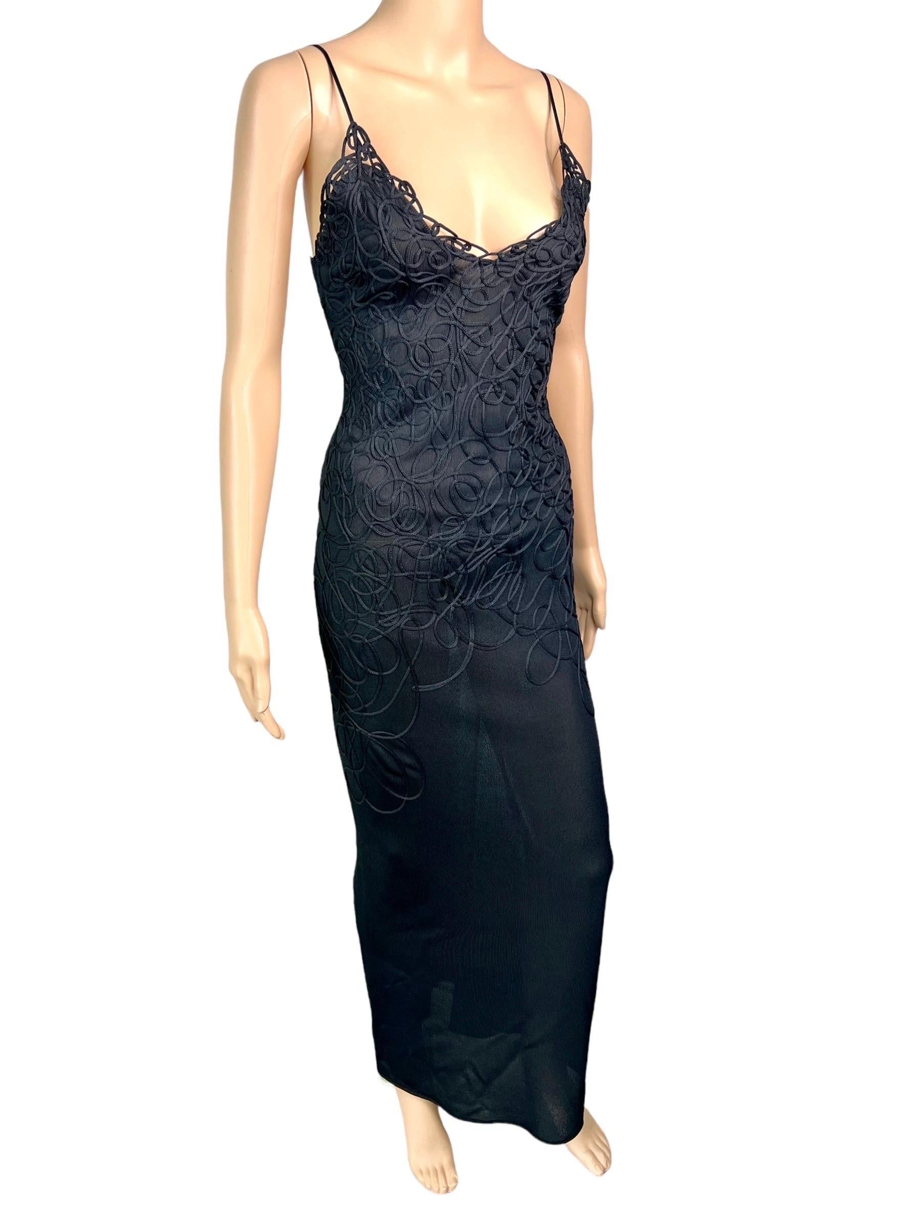 Thierry Mugler Vintage Embroidered Semi-Sheer Knit Bodycon Black Maxi Dress  6