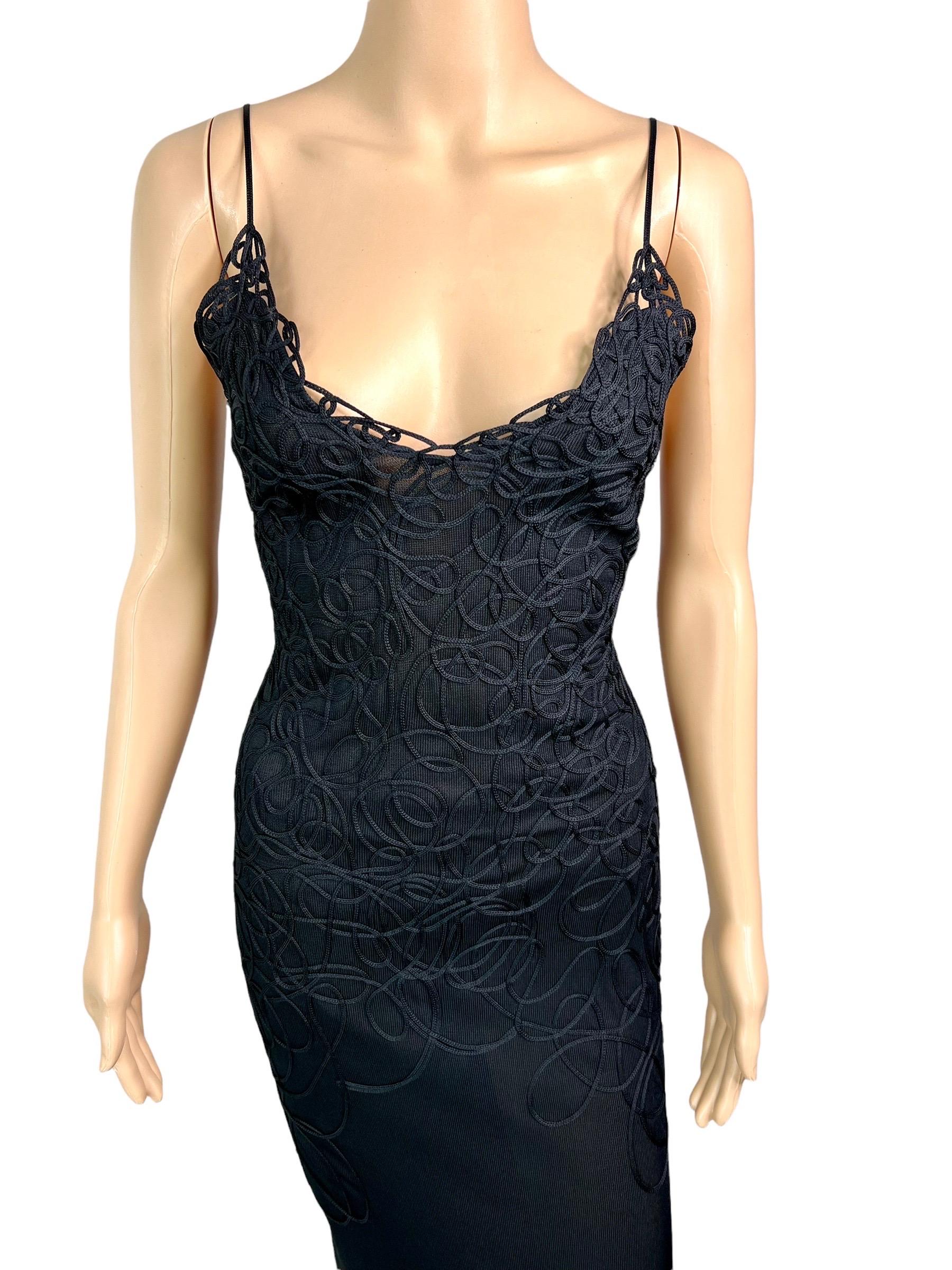 Thierry Mugler Vintage Embroidered Semi-Sheer Knit Bodycon Black Maxi Dress  In Excellent Condition In Naples, FL