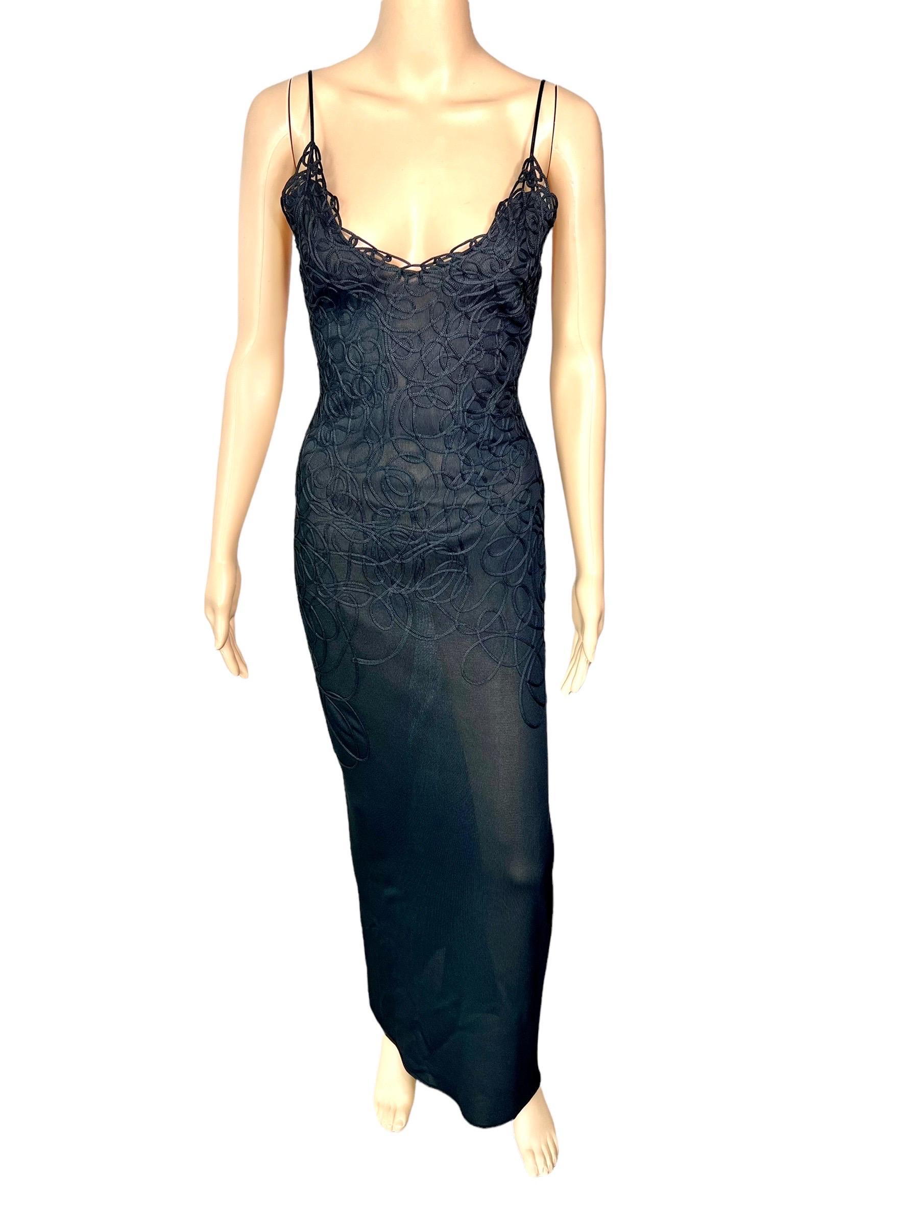 Women's Thierry Mugler Vintage Embroidered Semi-Sheer Knit Bodycon Black Maxi Dress 