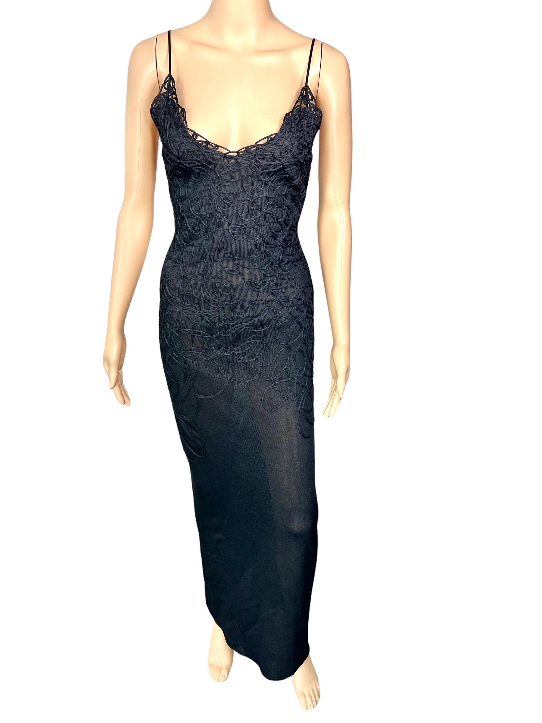 Thierry Mugler Vintage Embroidered Semi-Sheer Knit Bodycon Black Maxi Dress  1