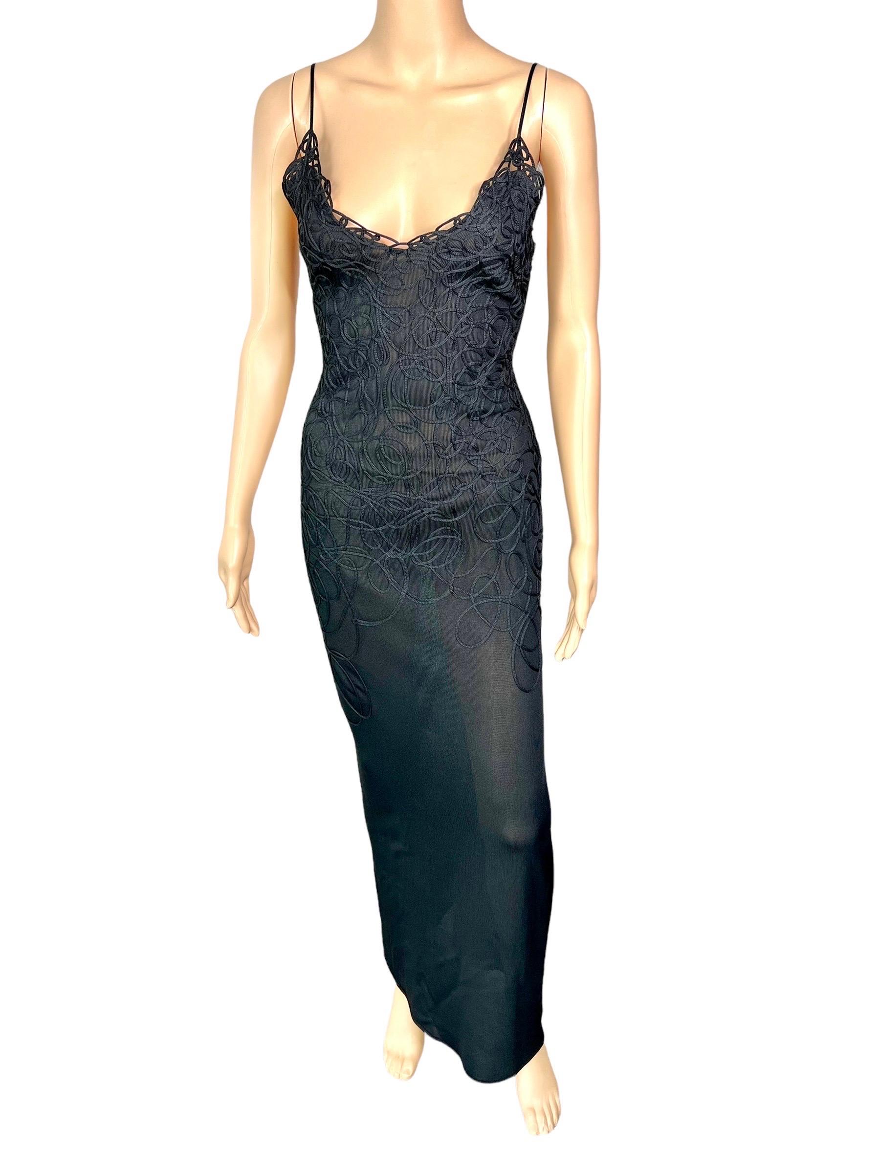 Thierry Mugler Vintage Embroidered Semi-Sheer Knit Bodycon Black Maxi Dress  2