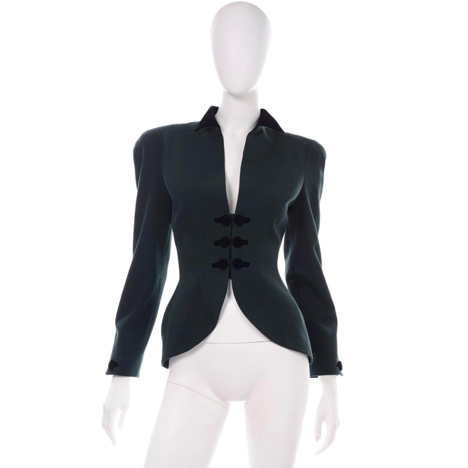 Black Thierry Mugler Vintage Forest Green Wool and Velvet Skirt and Blazer Jacket Suit