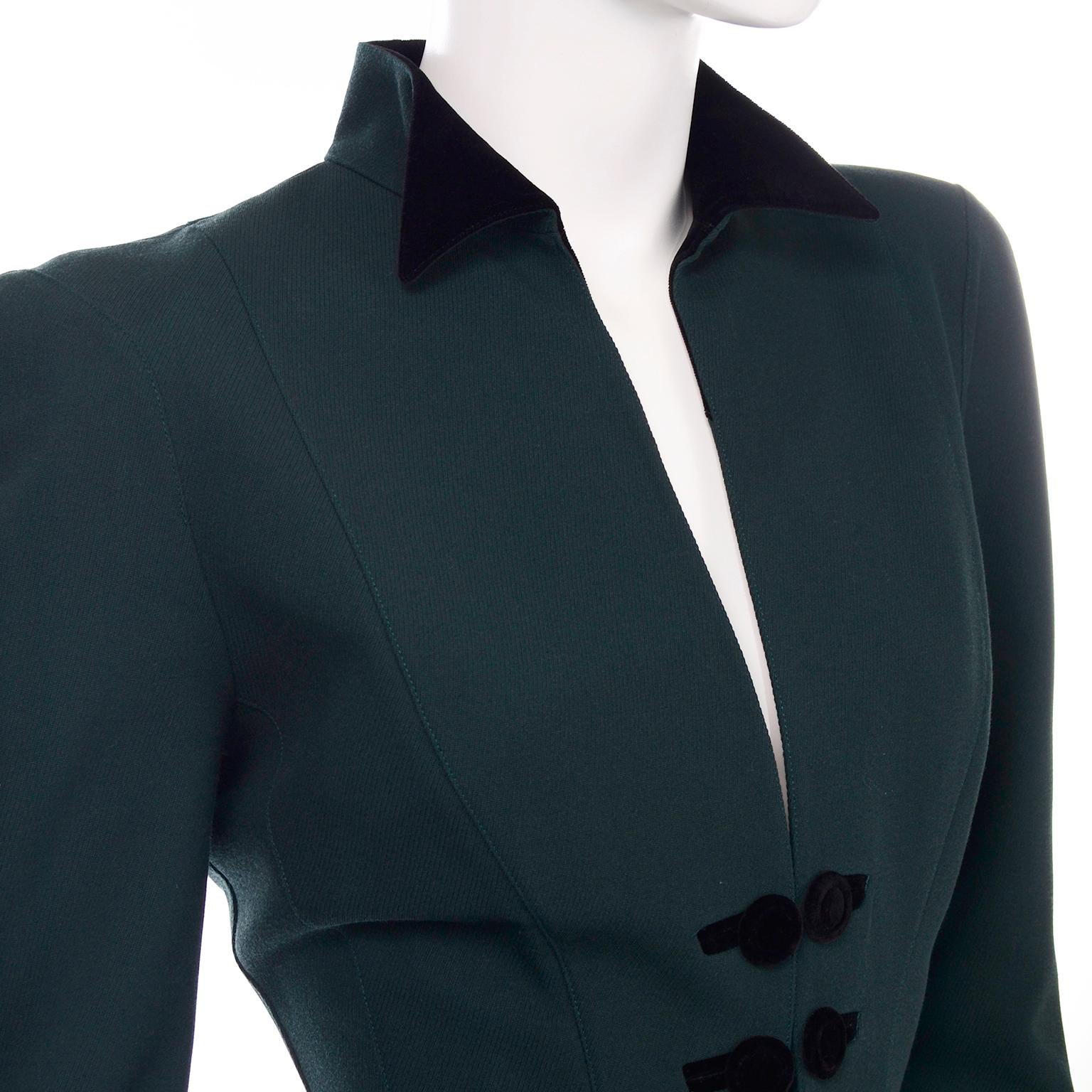 Thierry Mugler Vintage Forest Green Wool and Velvet Skirt and Blazer Jacket Suit In Excellent Condition In Portland, OR