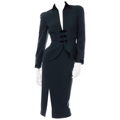 Thierry Mugler Vintage Forest Green Wool and Velvet Skirt and Blazer Jacket Suit