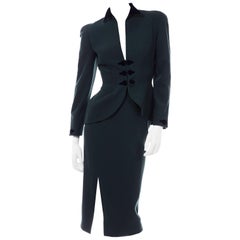 Thierry Mugler Vintage Forest Green Wool and Velvet Skirt and Blazer Jacket Suit