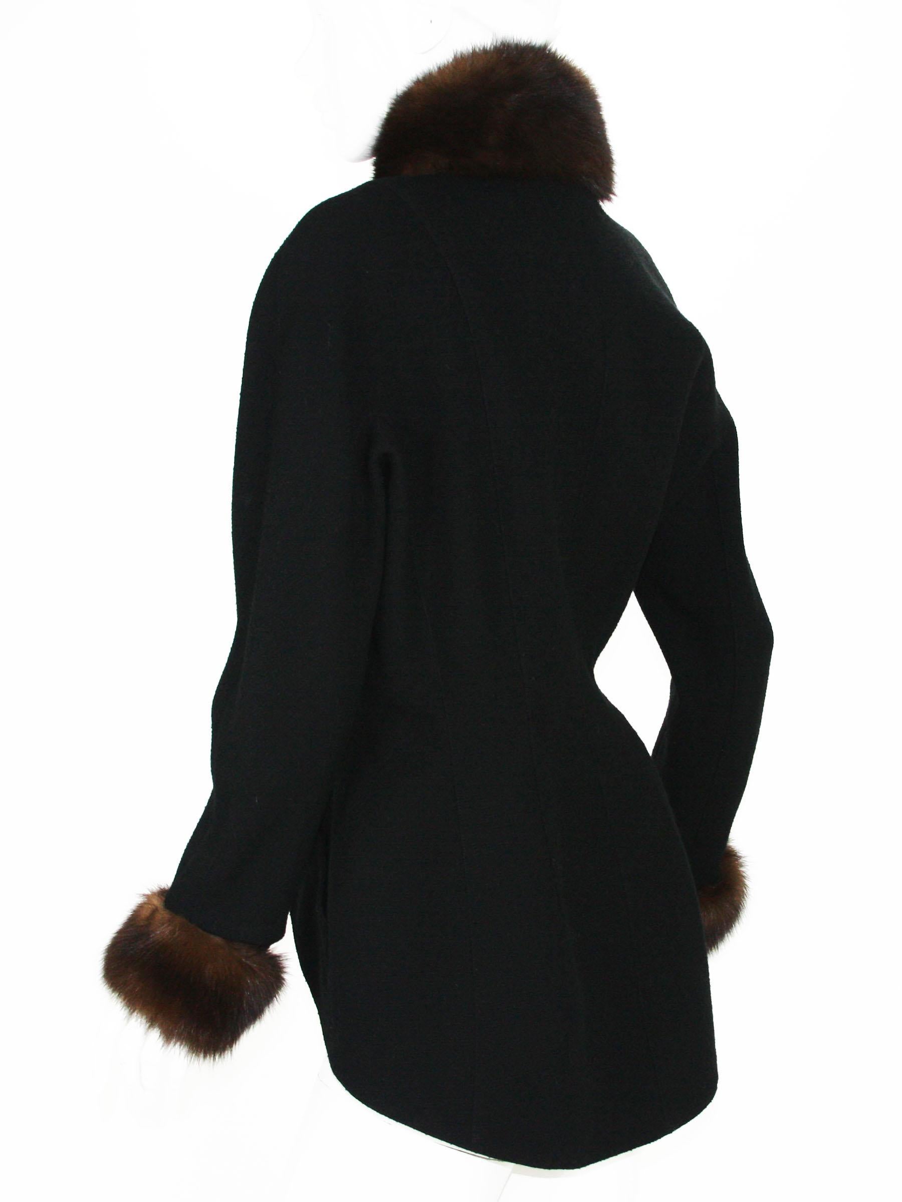 Black Thierry Mugler Vintage Fur Trim Exclusive Fox Face Brooch Wool Tailcoat Blazer
