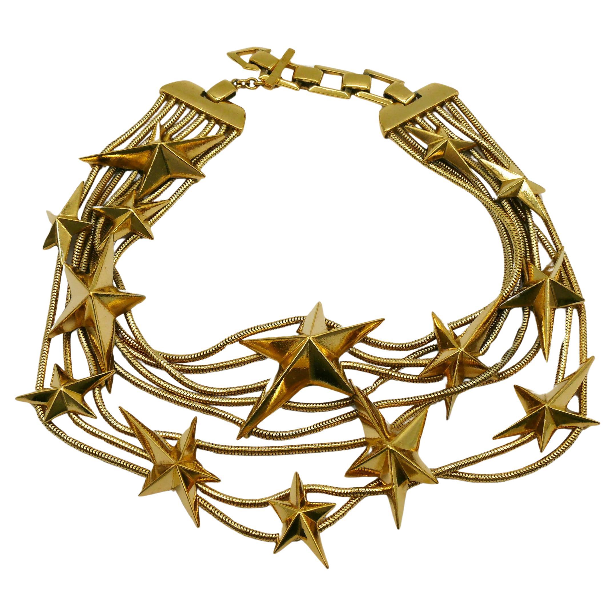 THIERRY MUGLER Vintage Gold Tone Stars Choker Necklace For Sale