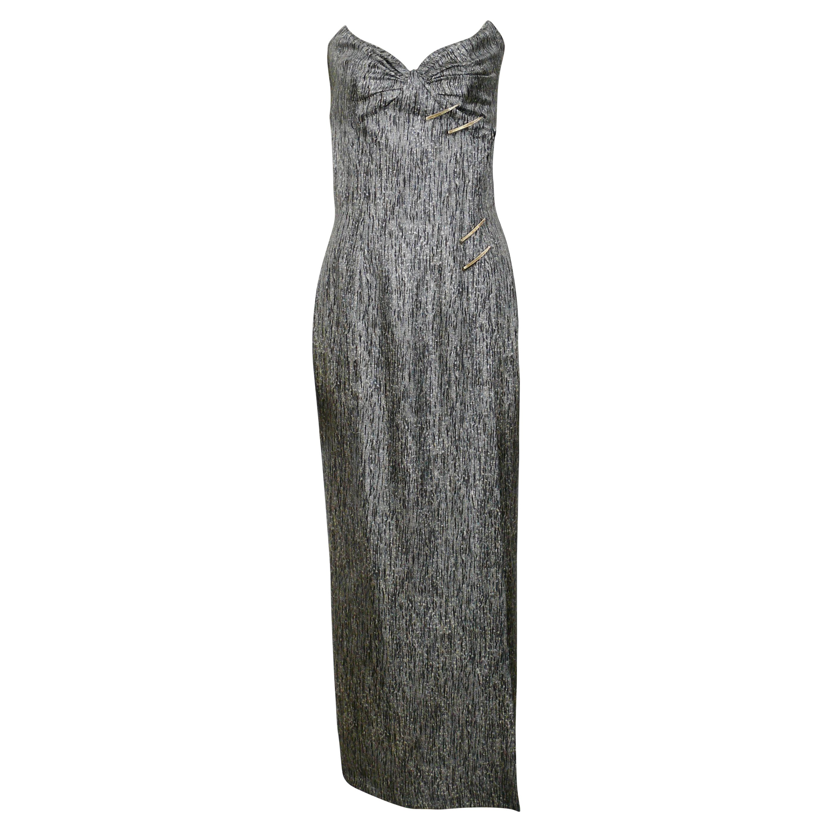 Thierry Mugler - Robe bustier vintage en soie marron chiné avec griffes dorées