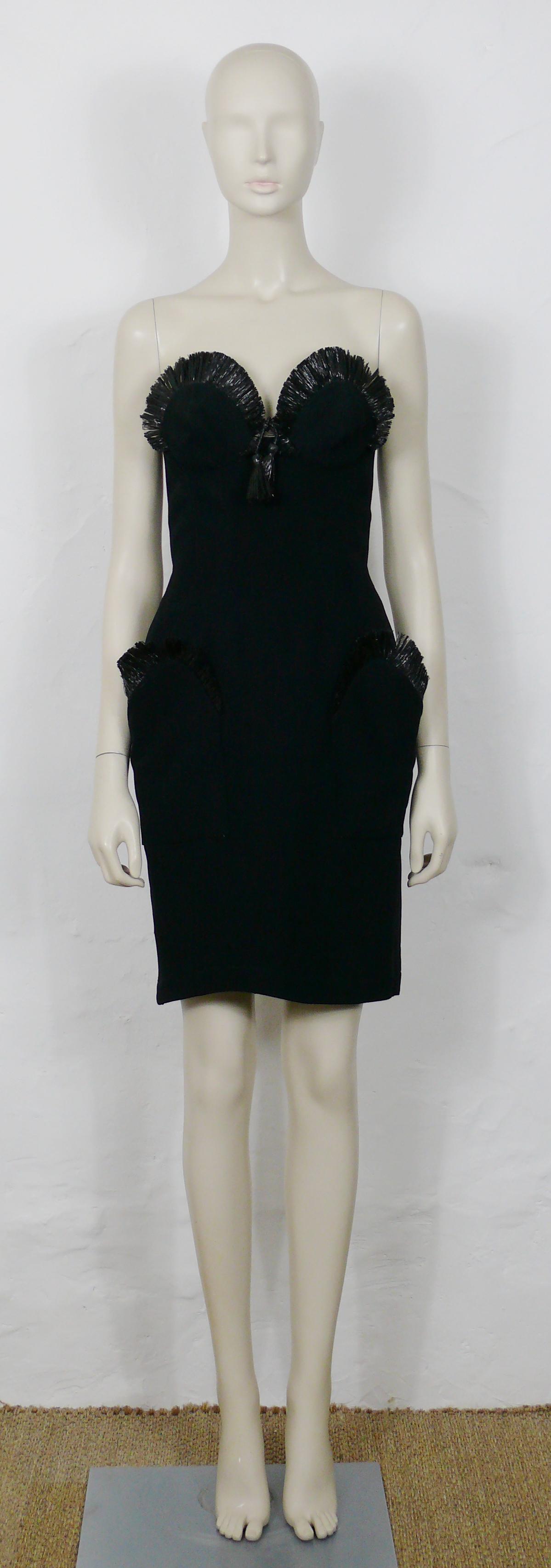 Women's Thierry Mugler Vintage Iconic Black Raffia Strapless Dress Spring/Summer 1995