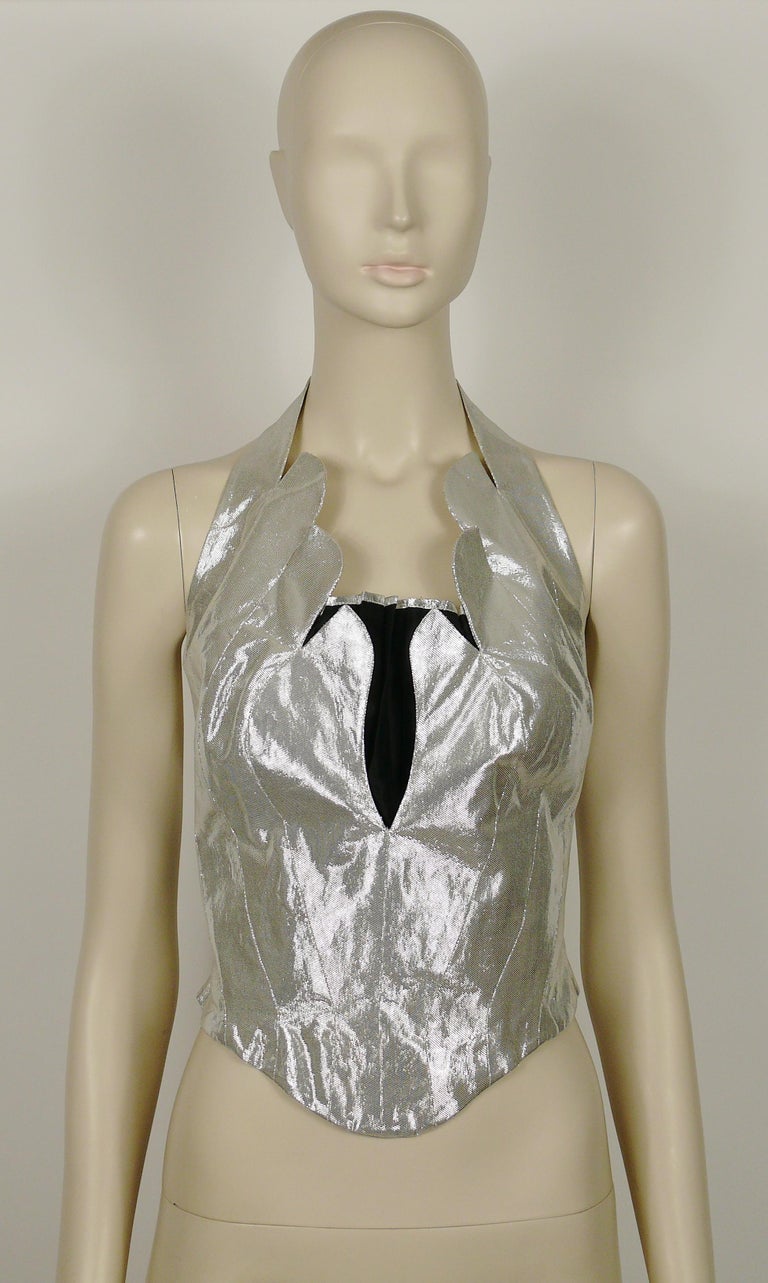 Thierry Mugler Vintage Iconic Silver Lame Halter Bustier Corset In Good Condition For Sale In Nice, FR