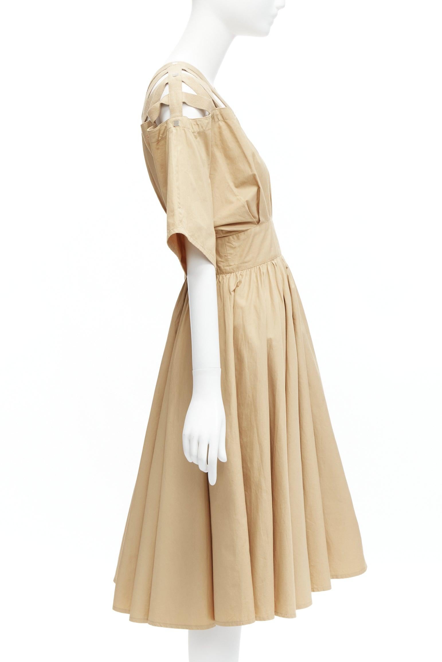 THIERRY MUGLER Robe vintage en coton kaki à bretelles et clous carrés IT9A3 S Bon état - En vente à Hong Kong, NT