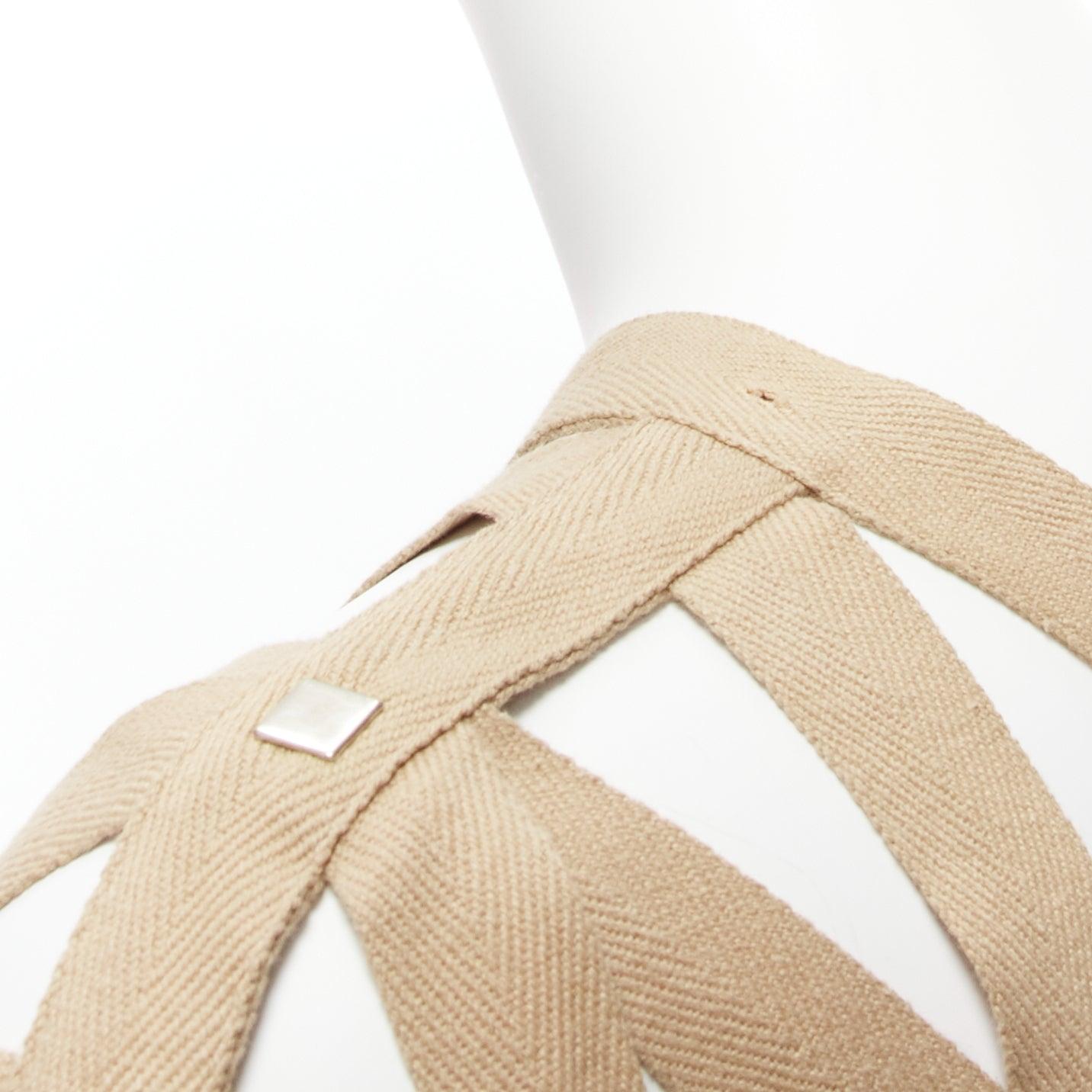 THIERRY MUGLER Robe vintage en coton kaki à bretelles et clous carrés IT9A3 S en vente 3